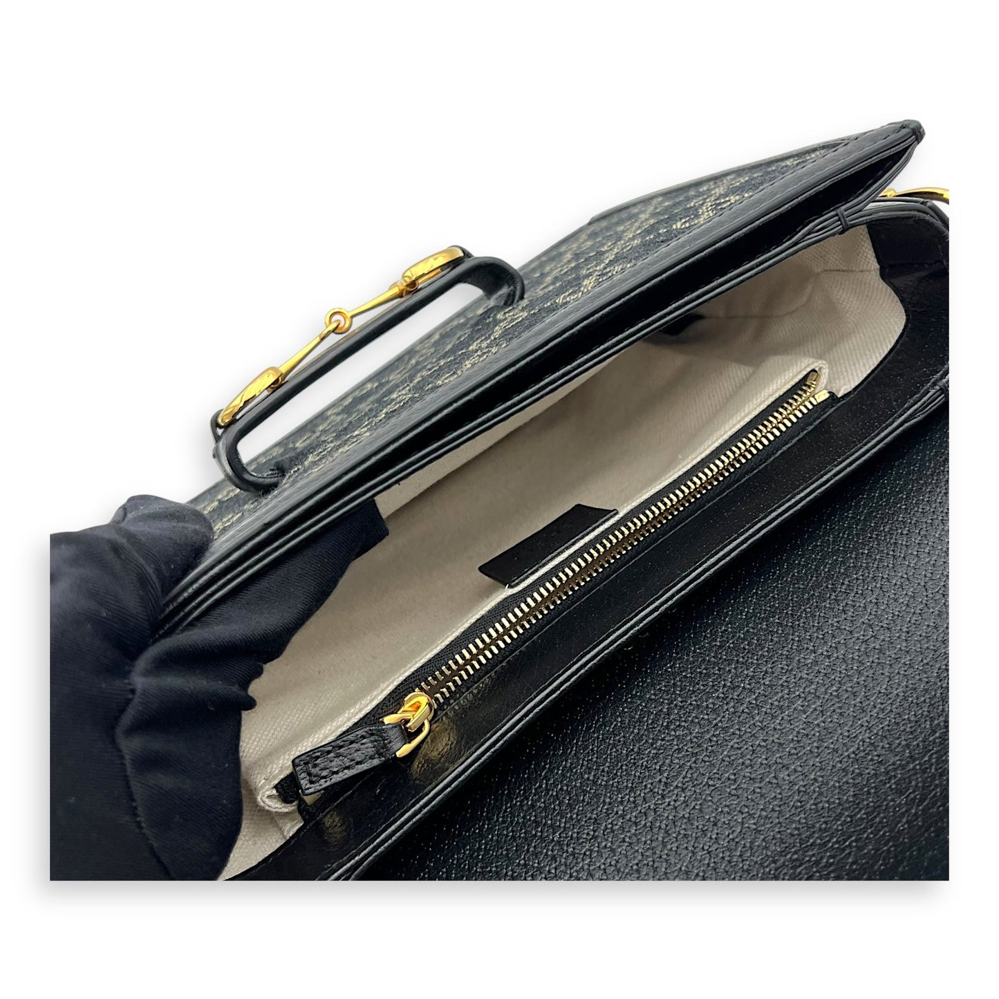 Horsebit 1955 Shoulder Bag Black in Denim, Gold hardware