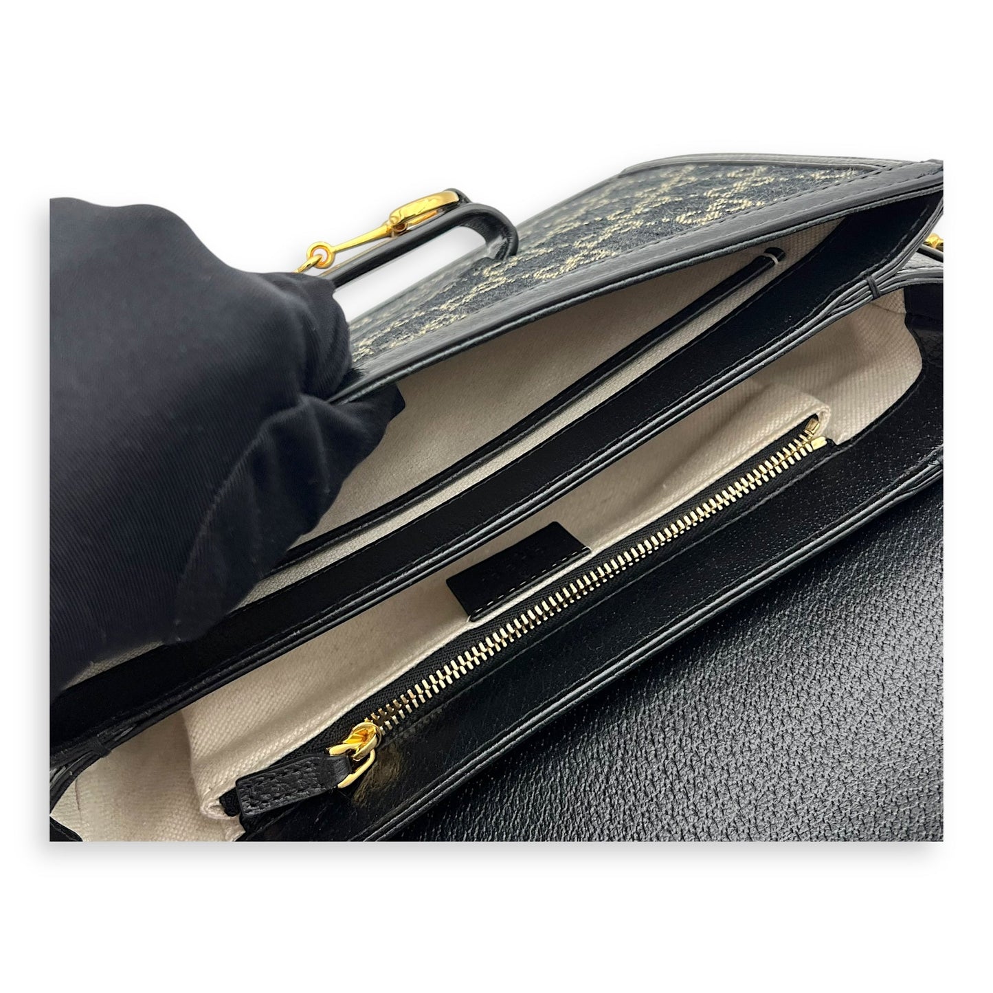 Horsebit 1955 Shoulder Bag Black in Denim, Gold hardware