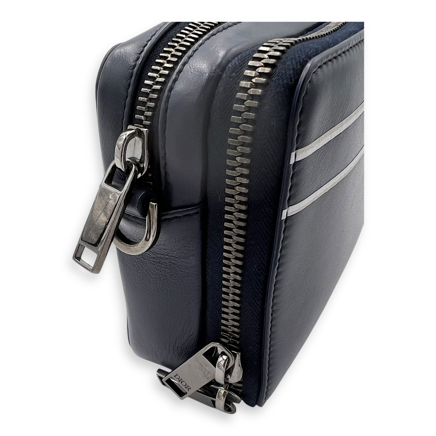 x Descente Double Zip Blue Crossbody Bag in Calfskin, Silver hardware