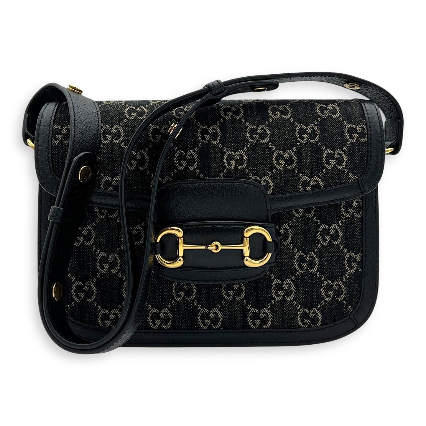 Horsebit 1955 Shoulder Bag Black in Denim, Gold hardware