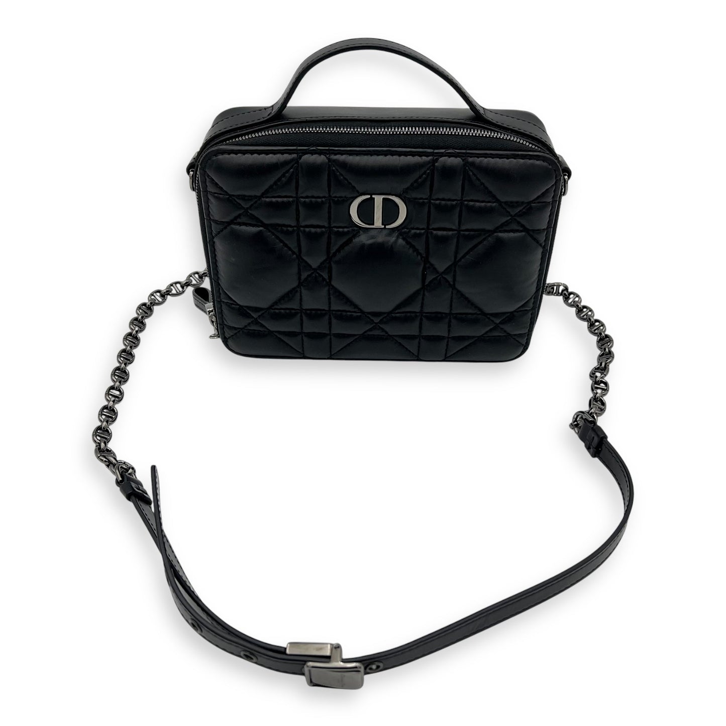 Caro Shoulder Bag Box Black in Calfskin, Gunmetal hardware