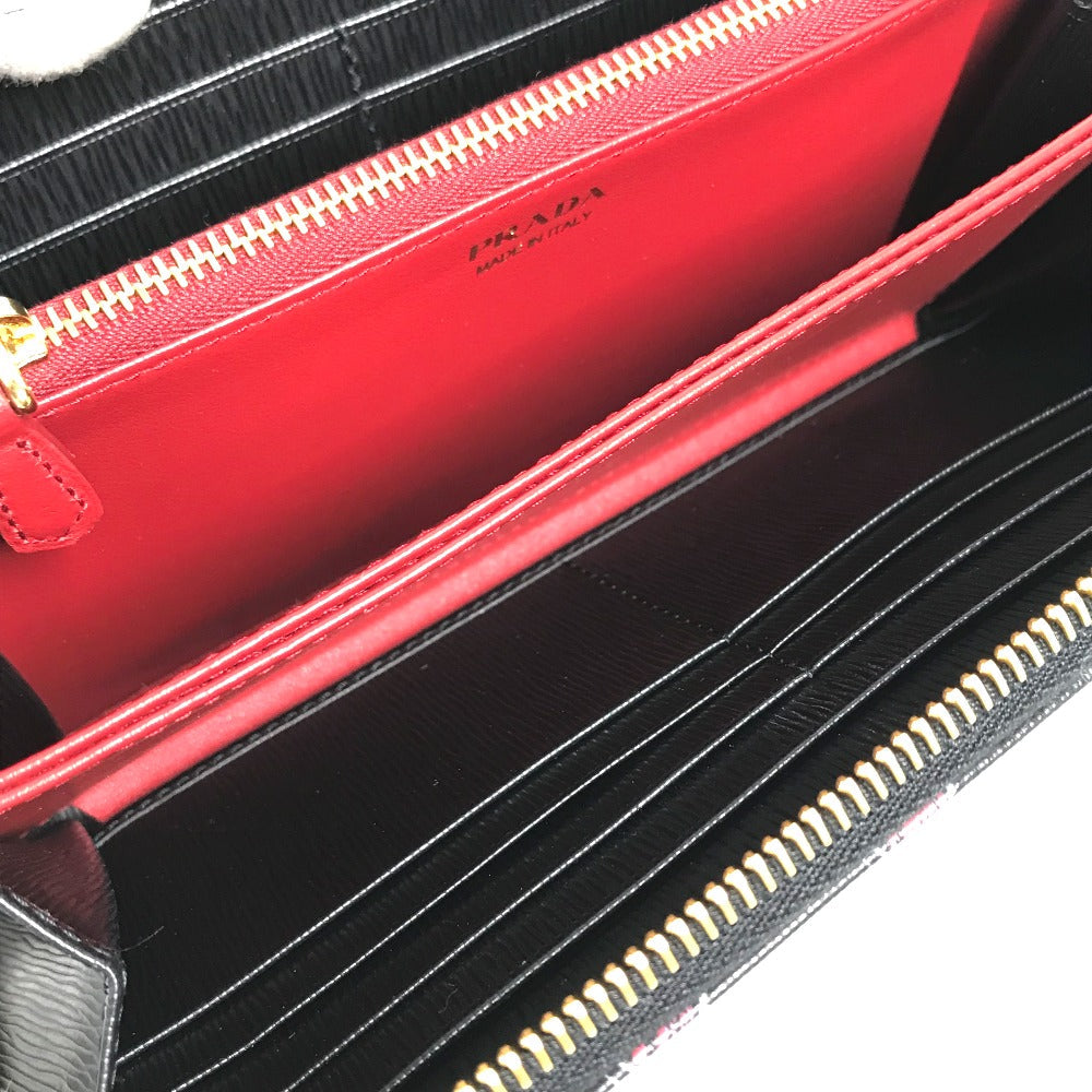 PRADA Long Wallet Purse 1ML506 leather Black x Gold Metal Heart Pattern With logo Zip Around Women Used