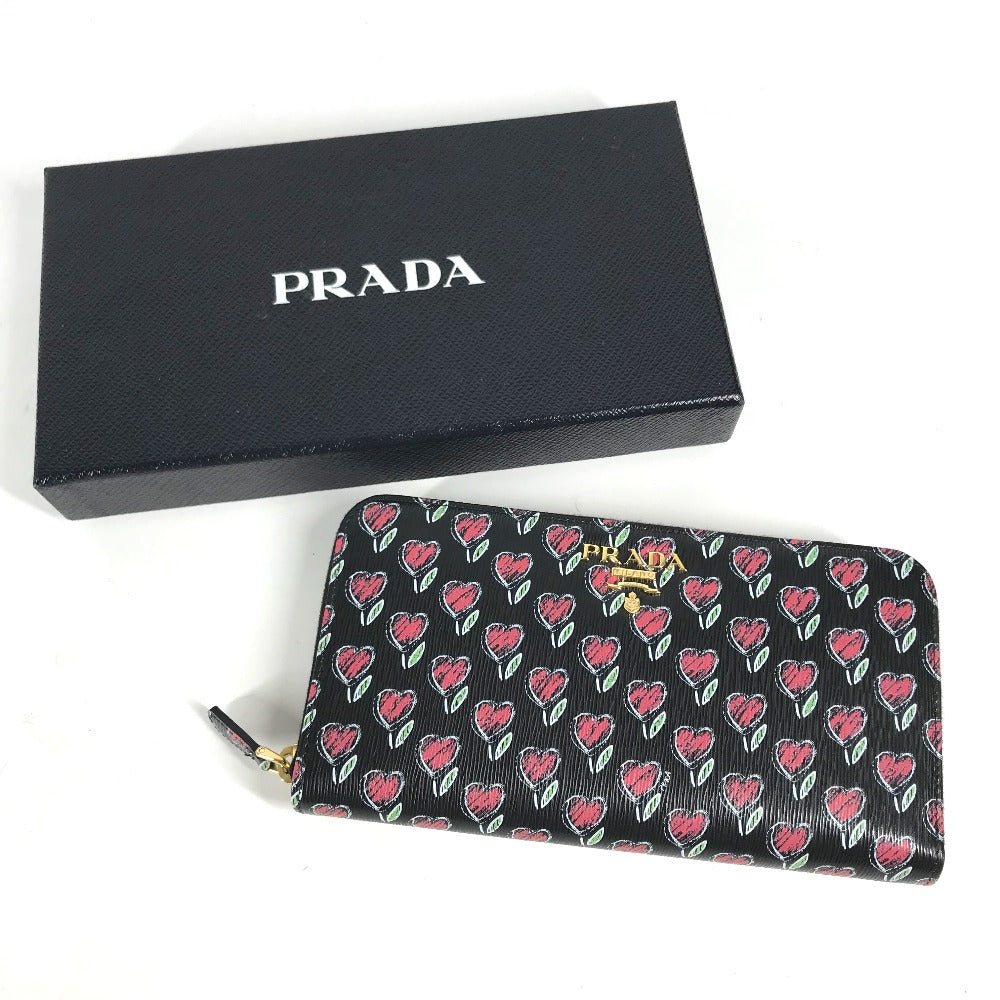 PRADA Long Wallet Purse 1ML506 leather Black x Gold Metal Heart Pattern With logo Zip Around Women Used