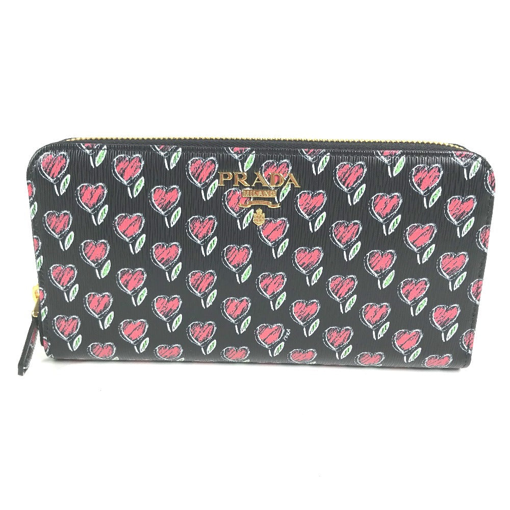 PRADA Long Wallet Purse 1ML506 leather Black x Gold Metal Heart Pattern With logo Zip Around Women Used