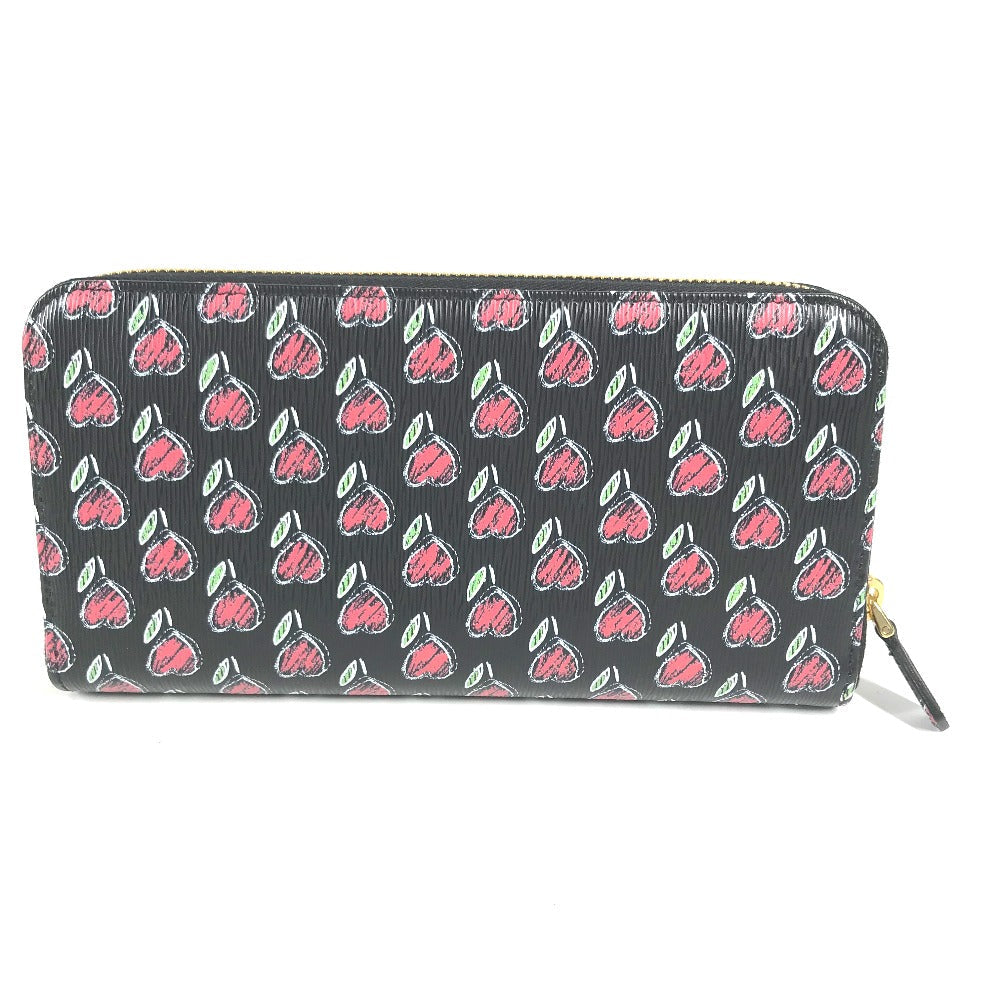 PRADA Long Wallet Purse 1ML506 leather Black x Gold Metal Heart Pattern With logo Zip Around Women Used