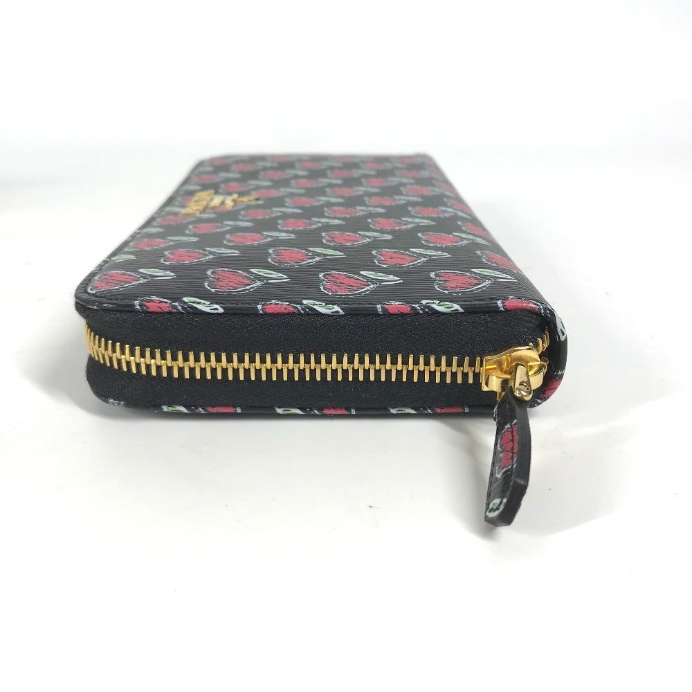 PRADA Long Wallet Purse 1ML506 leather Black x Gold Metal Heart Pattern With logo Zip Around Women Used