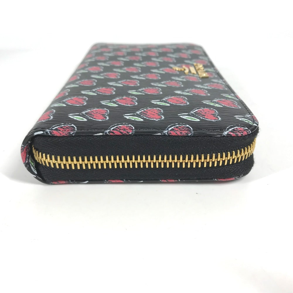 PRADA Long Wallet Purse 1ML506 leather Black x Gold Metal Heart Pattern With logo Zip Around Women Used