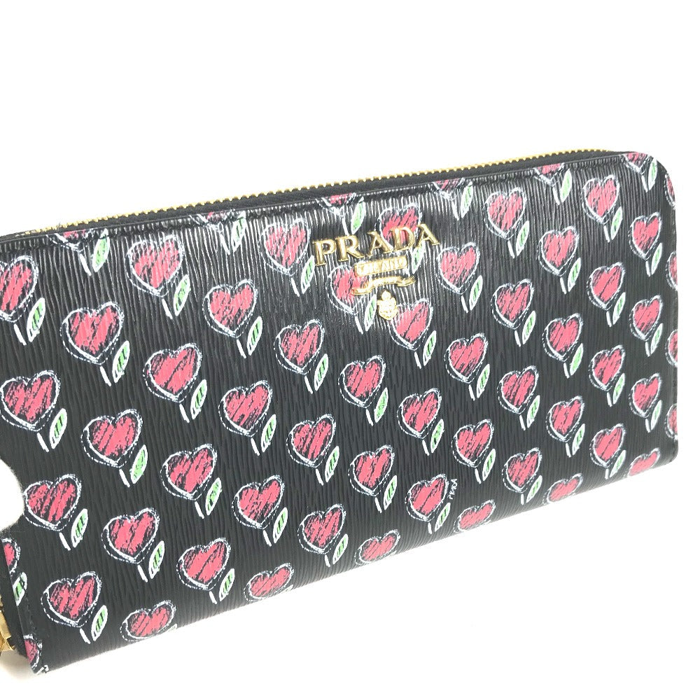 PRADA Long Wallet Purse 1ML506 leather Black x Gold Metal Heart Pattern With logo Zip Around Women Used