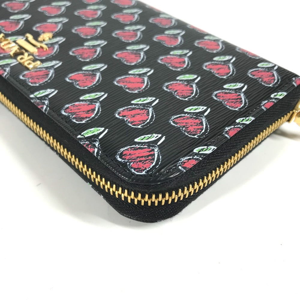 PRADA Long Wallet Purse 1ML506 leather Black x Gold Metal Heart Pattern With logo Zip Around Women Used