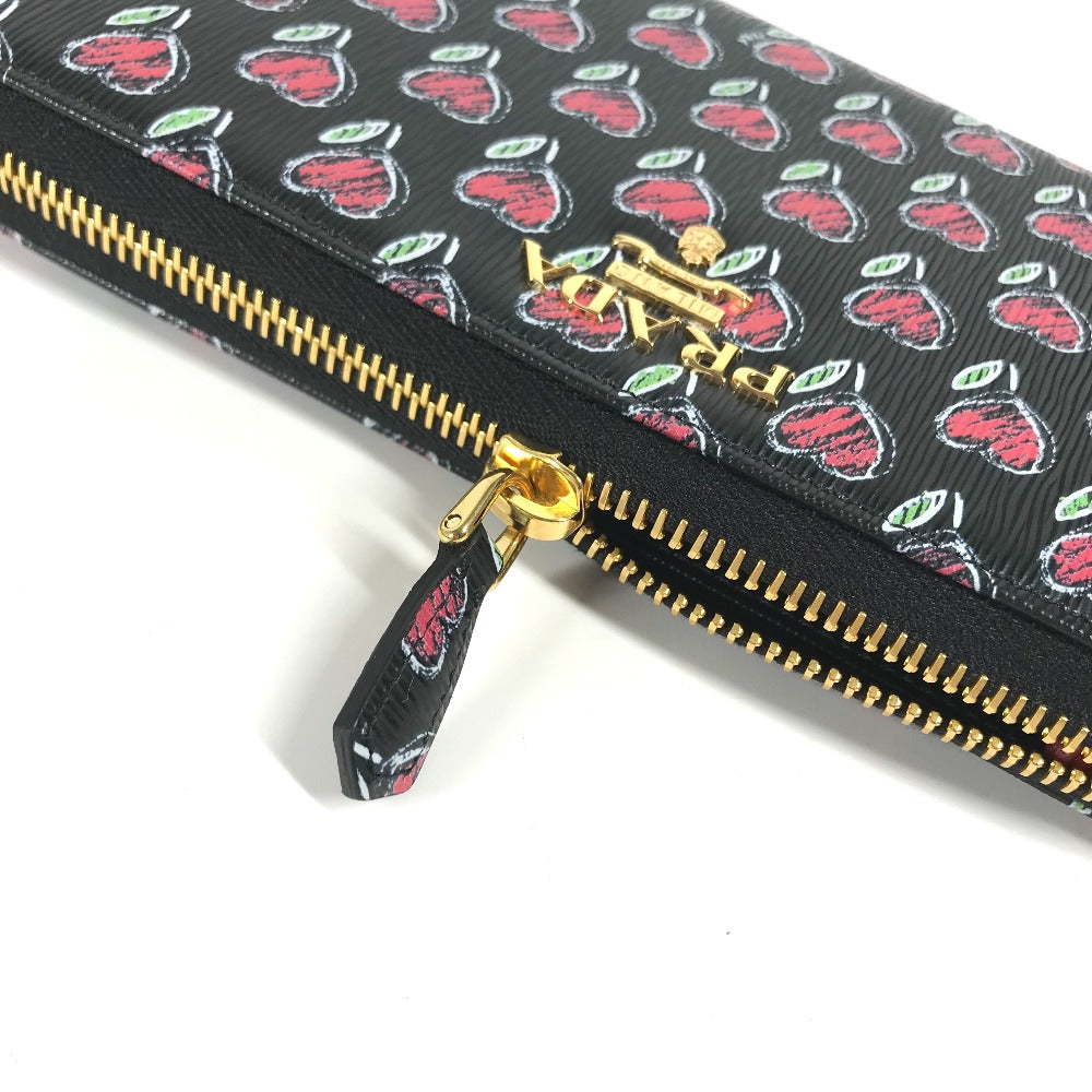 PRADA Long Wallet Purse 1ML506 leather Black x Gold Metal Heart Pattern With logo Zip Around Women Used