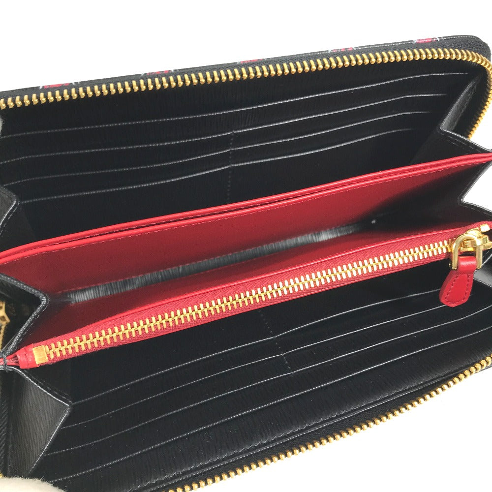 PRADA Long Wallet Purse 1ML506 leather Black x Gold Metal Heart Pattern With logo Zip Around Women Used