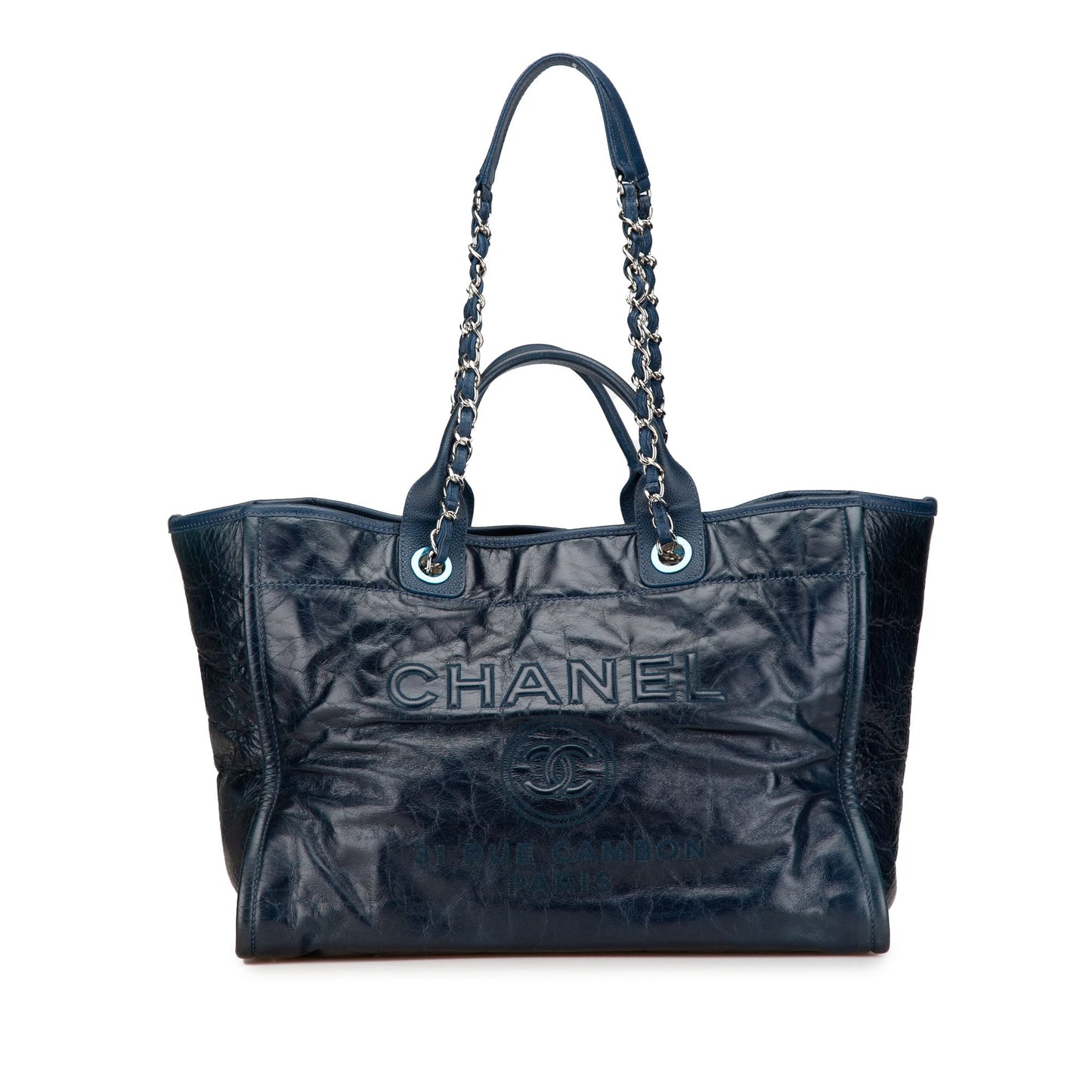 Blue Chanel Medium Glazed Calfskin and Caviar Deauville Tote Satchel
