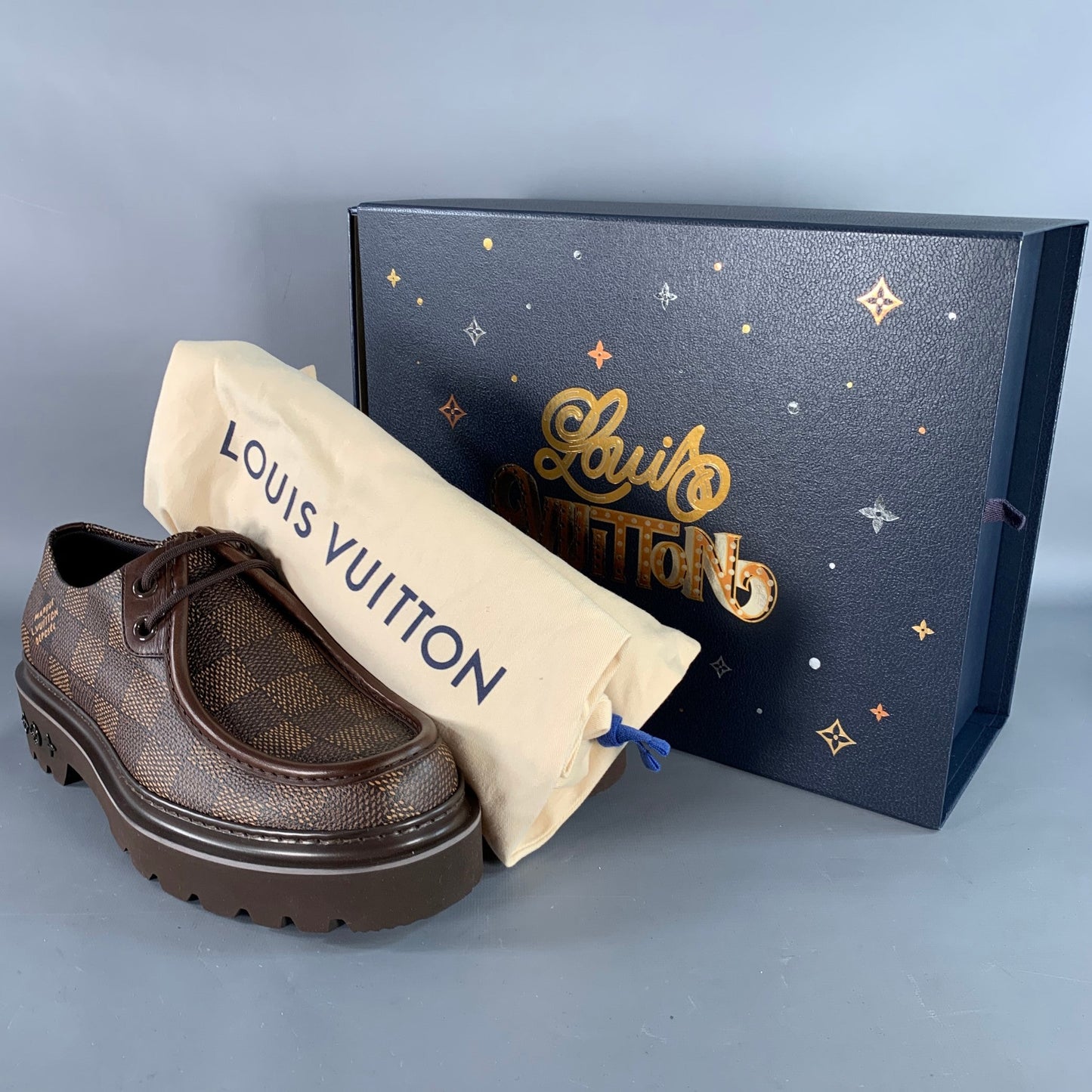 LOUIS VUITTON Size 10 Ranger Derby Brown Beige Coated Canvas Chunky Sole Moccasin Lace-Up Shoes