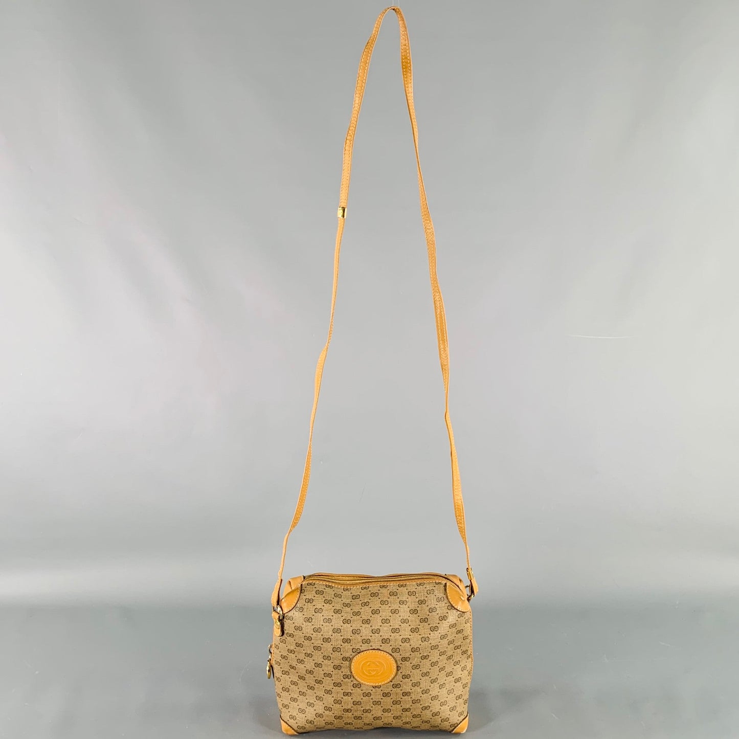 GUCCI Beige Tan Monogram Leather Coated Canvas Crossbody Handbag