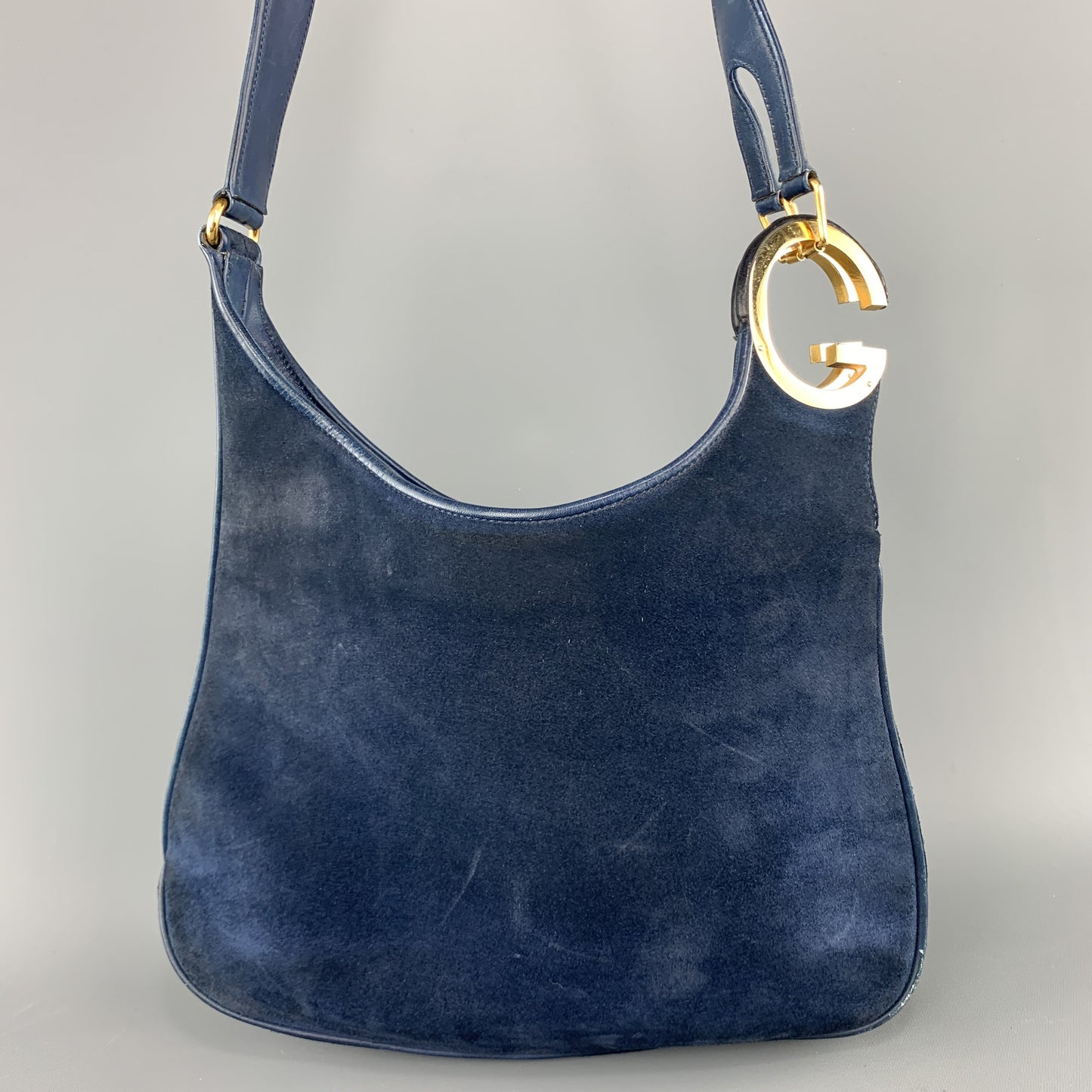 Vintage GUCCI Navy Blue Suede Gold Tone GG Shoulder Bag