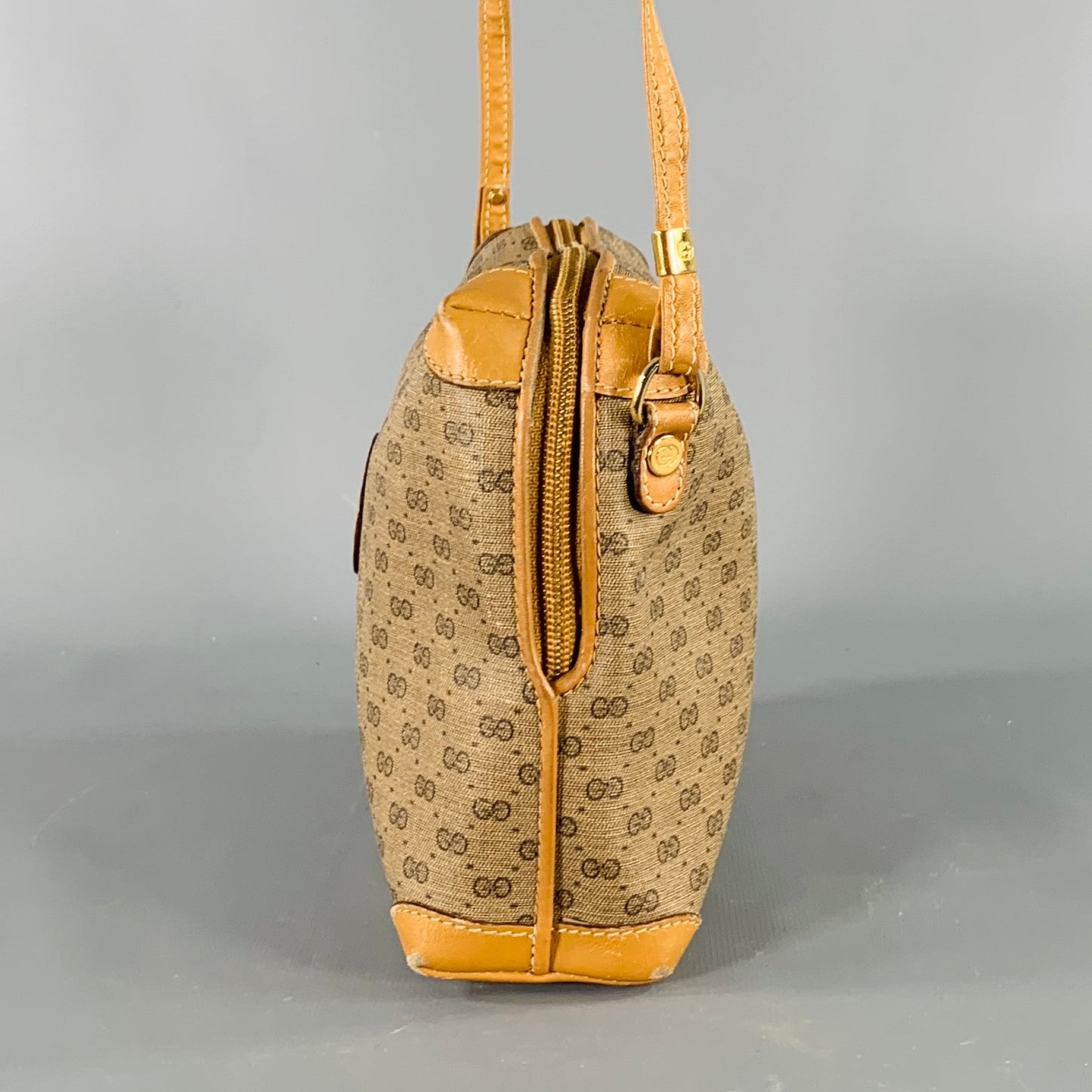 GUCCI Beige Tan Monogram Leather Coated Canvas Crossbody Handbag