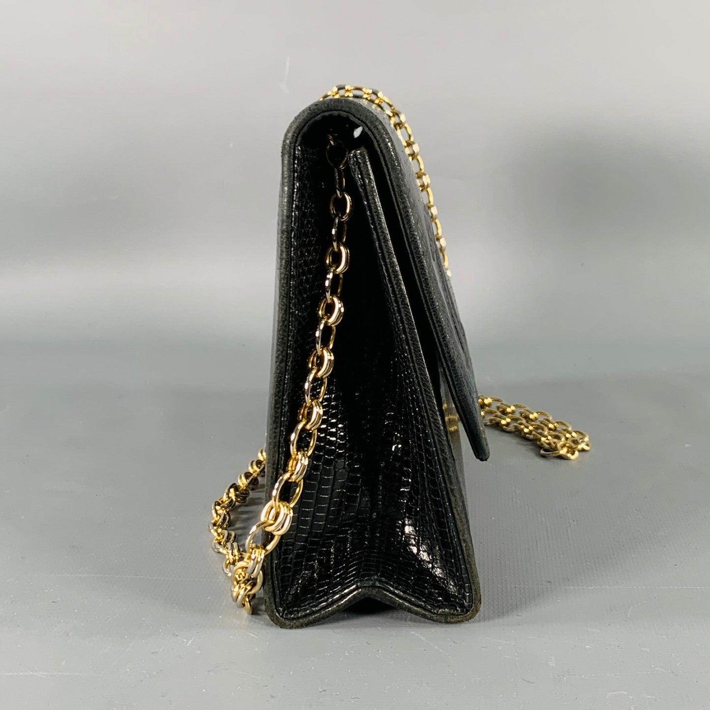 CHANEL Rare Vintage Late-1980s Black Gold Lizard Leather Cross Body Clutch Handbag