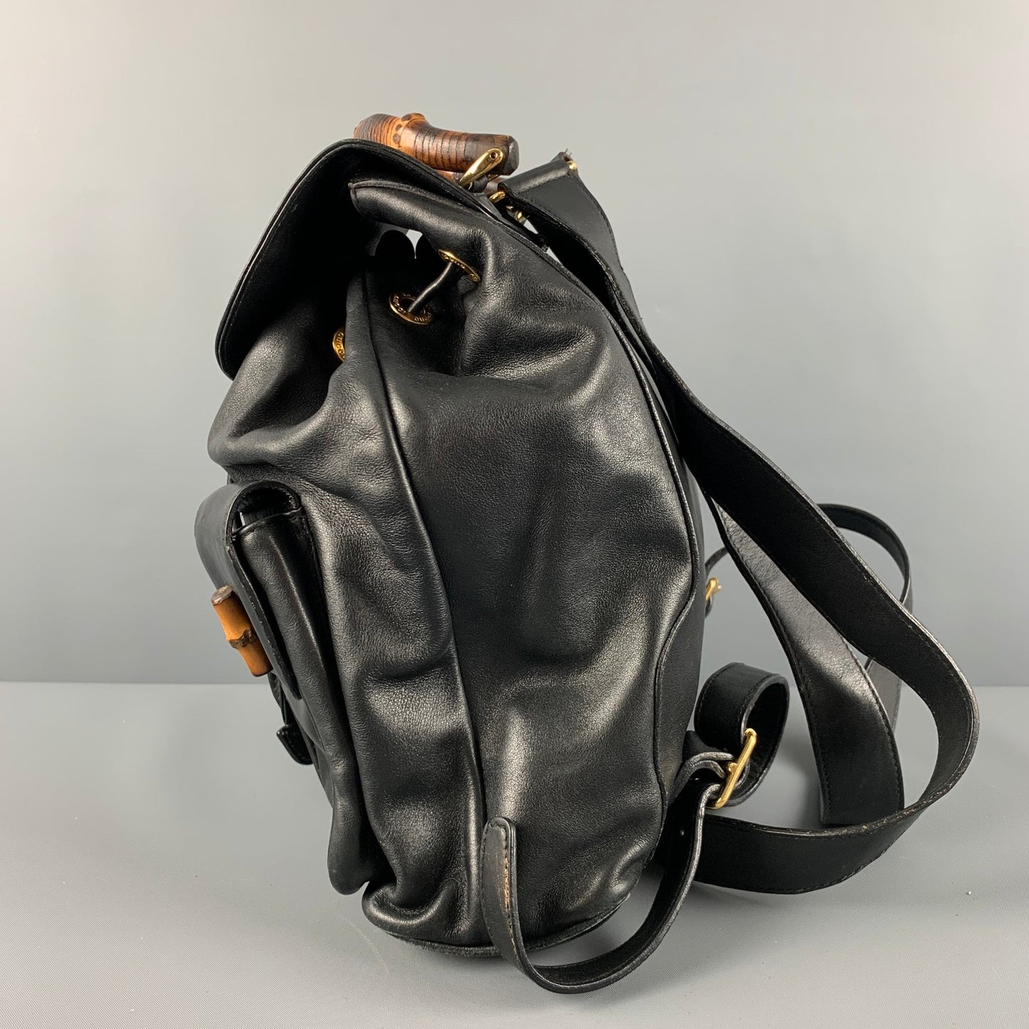 GUCCI Black Leather Bamboo Backpack Handbag