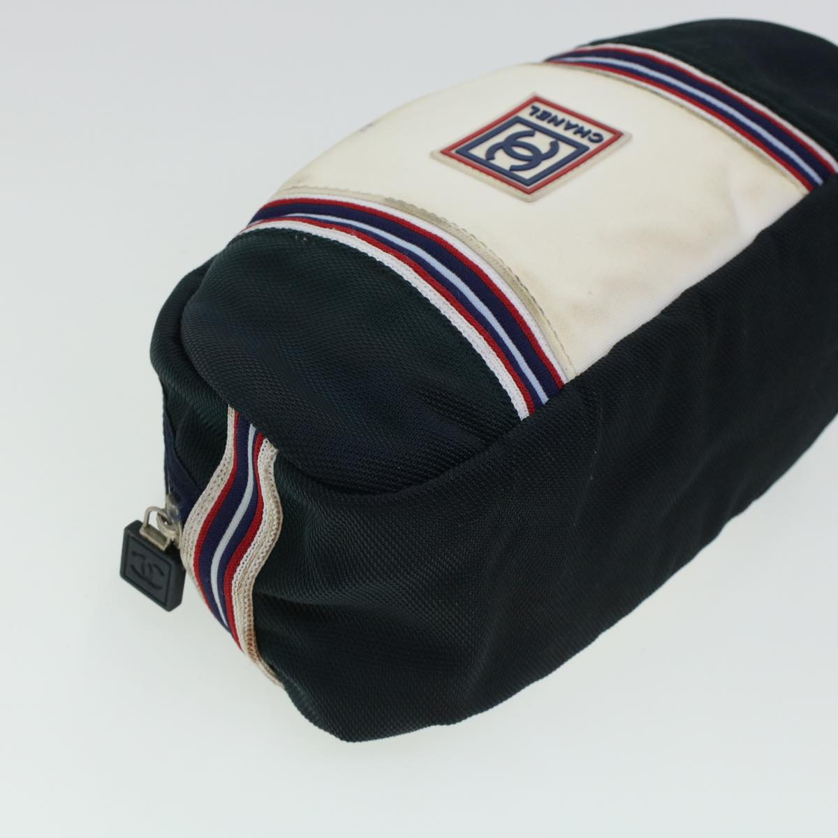 CHANEL Clutch Bag Canvas White Navy CC bs5370