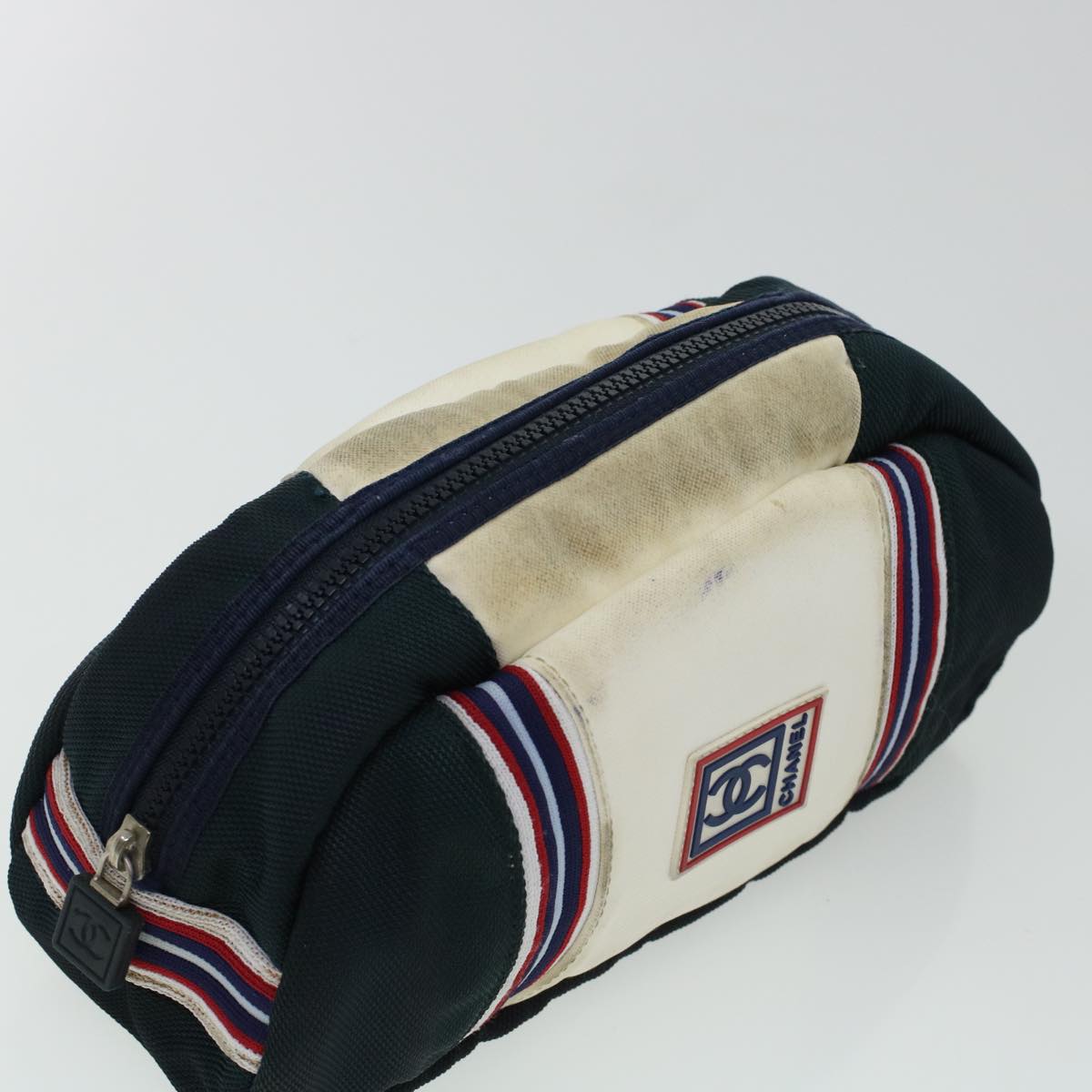 CHANEL Clutch Bag Canvas White Navy CC bs5370