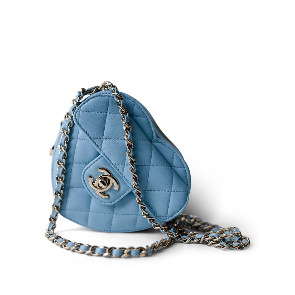 22S CC In Love Blue Lambskin Quilted Small (Clutch on Chain) Heart Bag LGHW