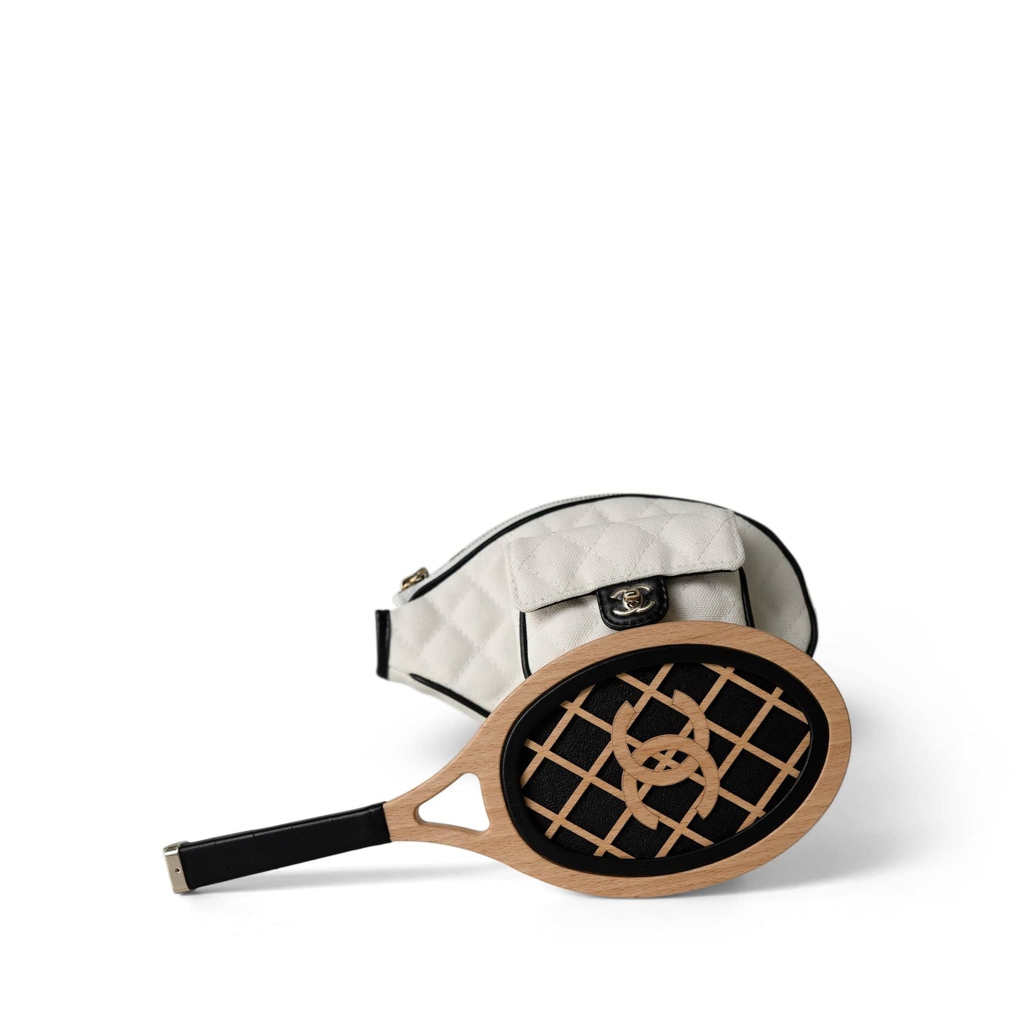 23C Tennis Racket Mirror Vanity Clutch with Chain White & Black W/ LGHW