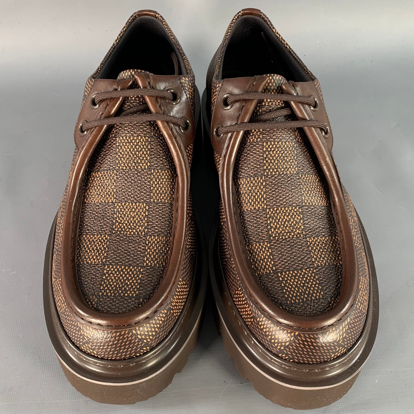 LOUIS VUITTON Size 10 Ranger Derby Brown Beige Coated Canvas Chunky Sole Moccasin Lace-Up Shoes