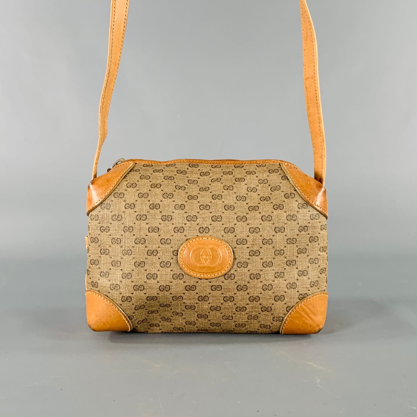 GUCCI Beige Tan Monogram Leather Coated Canvas Crossbody Handbag