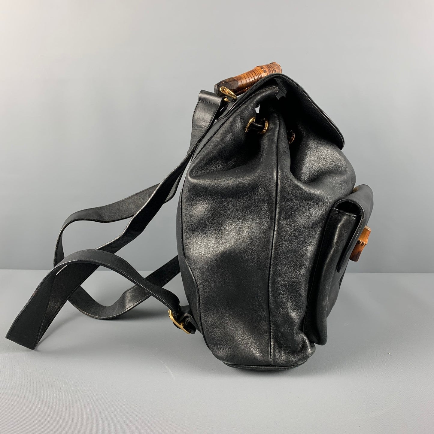 GUCCI Black Leather Bamboo Backpack Handbag