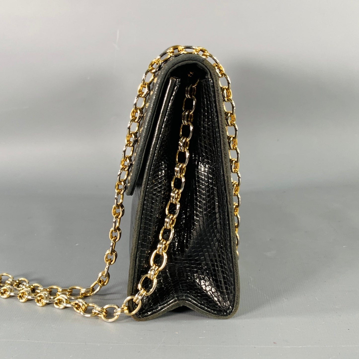 CHANEL Rare Vintage Late-1980s Black Gold Lizard Leather Cross Body Clutch Handbag