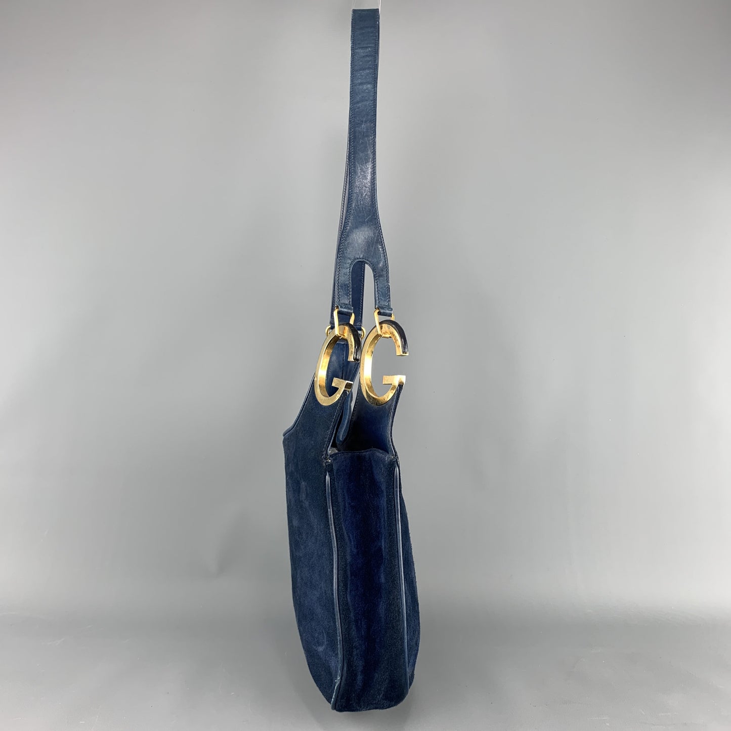 Vintage GUCCI Navy Blue Suede Gold Tone GG Shoulder Bag