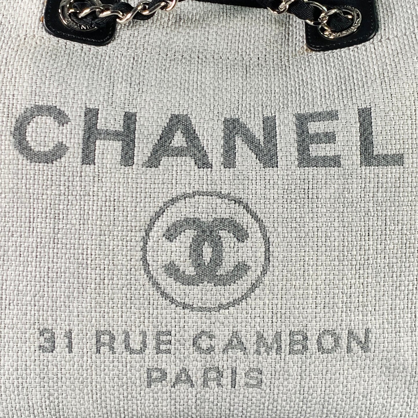 CHANEL Deanville Black Grey Tweed Straw Canvas Tote Leather Handles Handbag