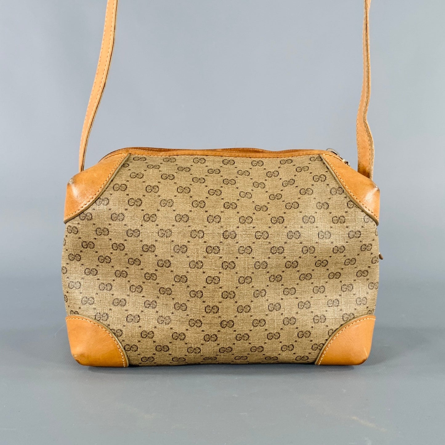 GUCCI Beige Tan Monogram Leather Coated Canvas Crossbody Handbag