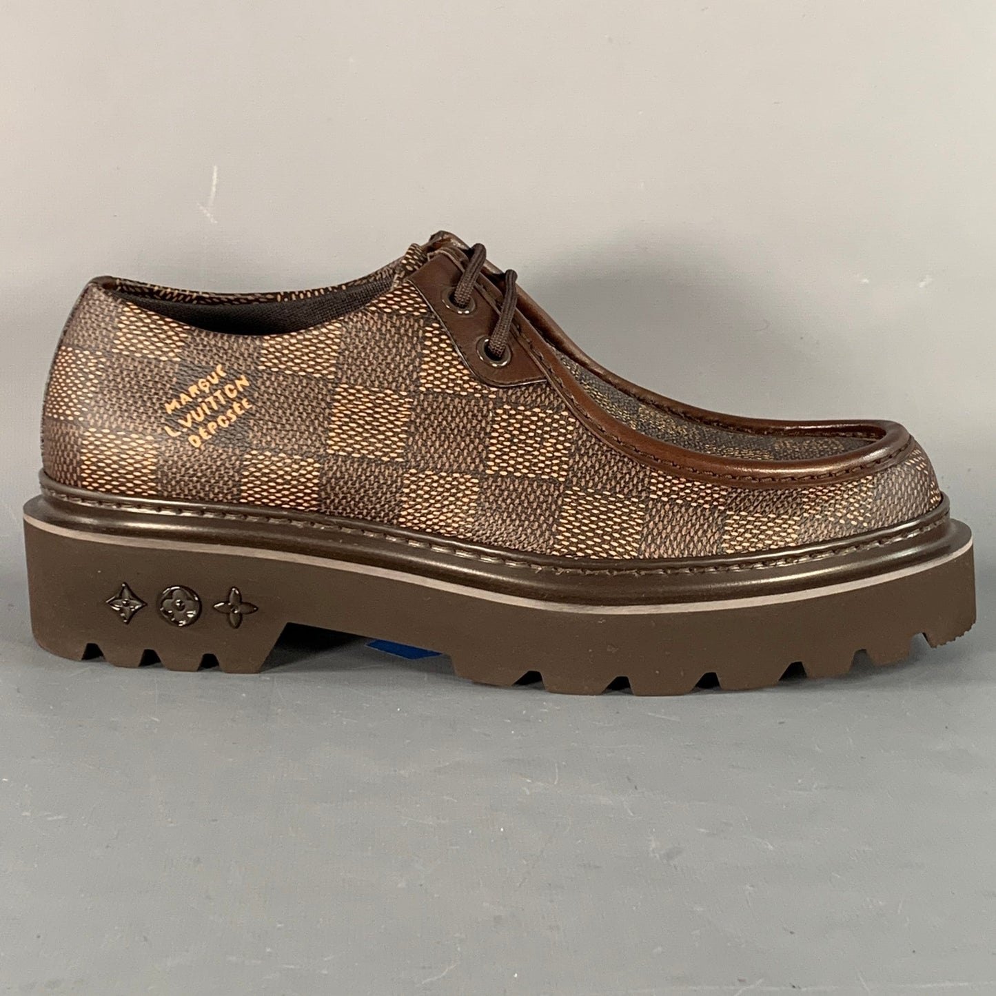 LOUIS VUITTON Size 10 Ranger Derby Brown Beige Coated Canvas Chunky Sole Moccasin Lace-Up Shoes