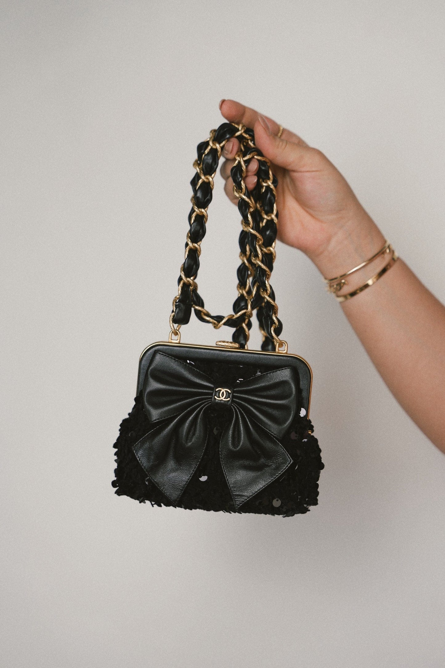 24A Black Sequin Tweed Lambskin Bow Clutch With Chain Aged Gold Hardware