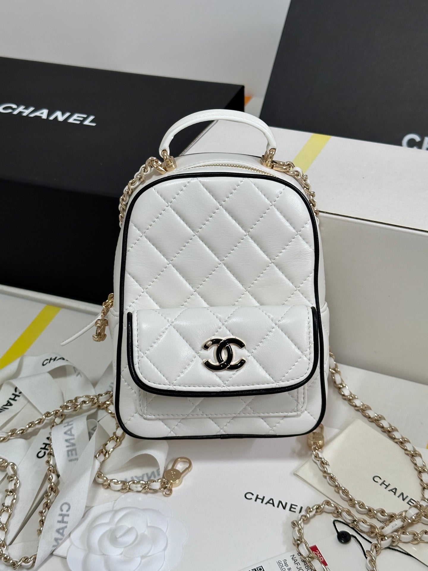 CC 25P Mini Backpack 18 White Black Lambskin Gold Hardware 243521