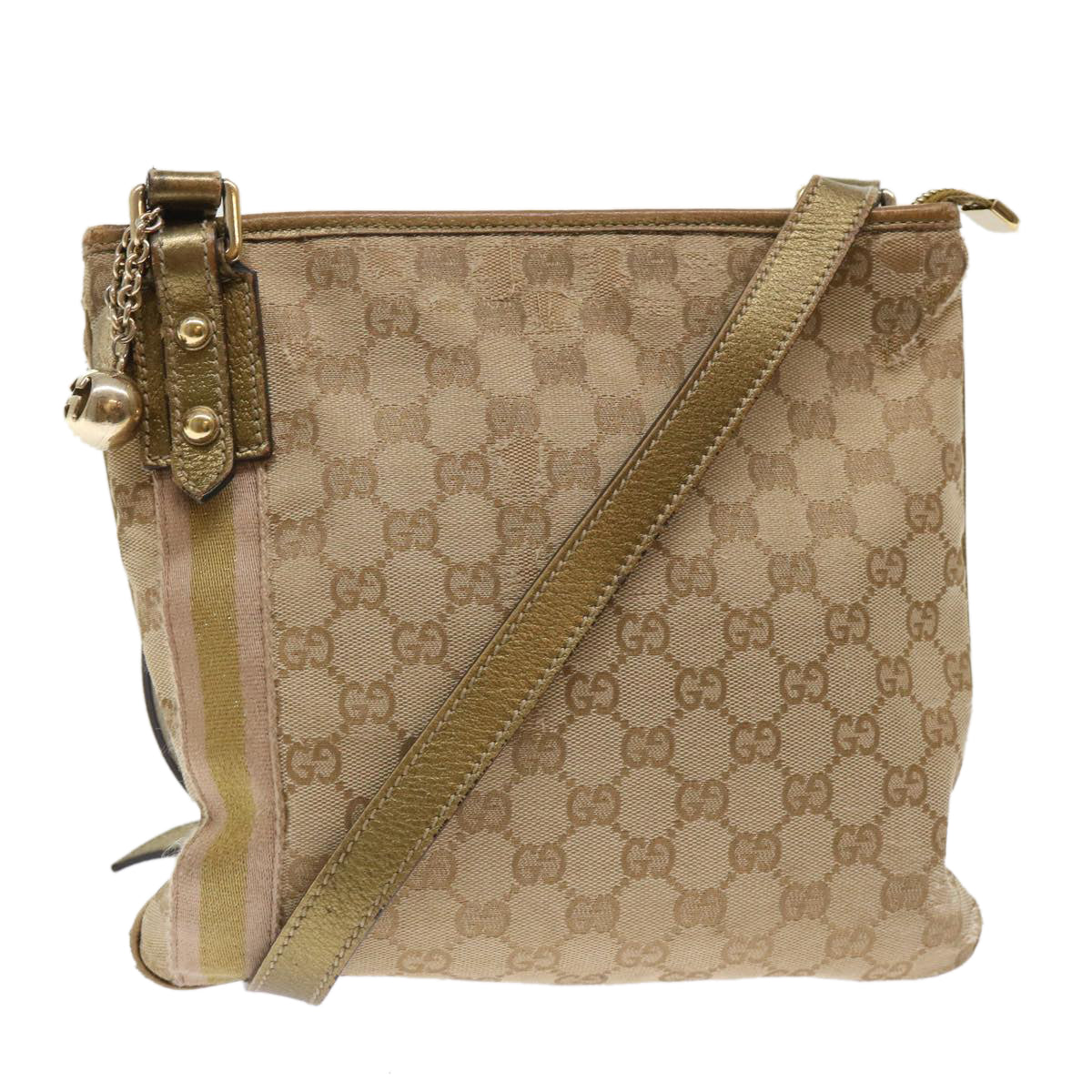 GUCCI GG Canvas Sherry Line Shoulder Bag Beige Gold pink