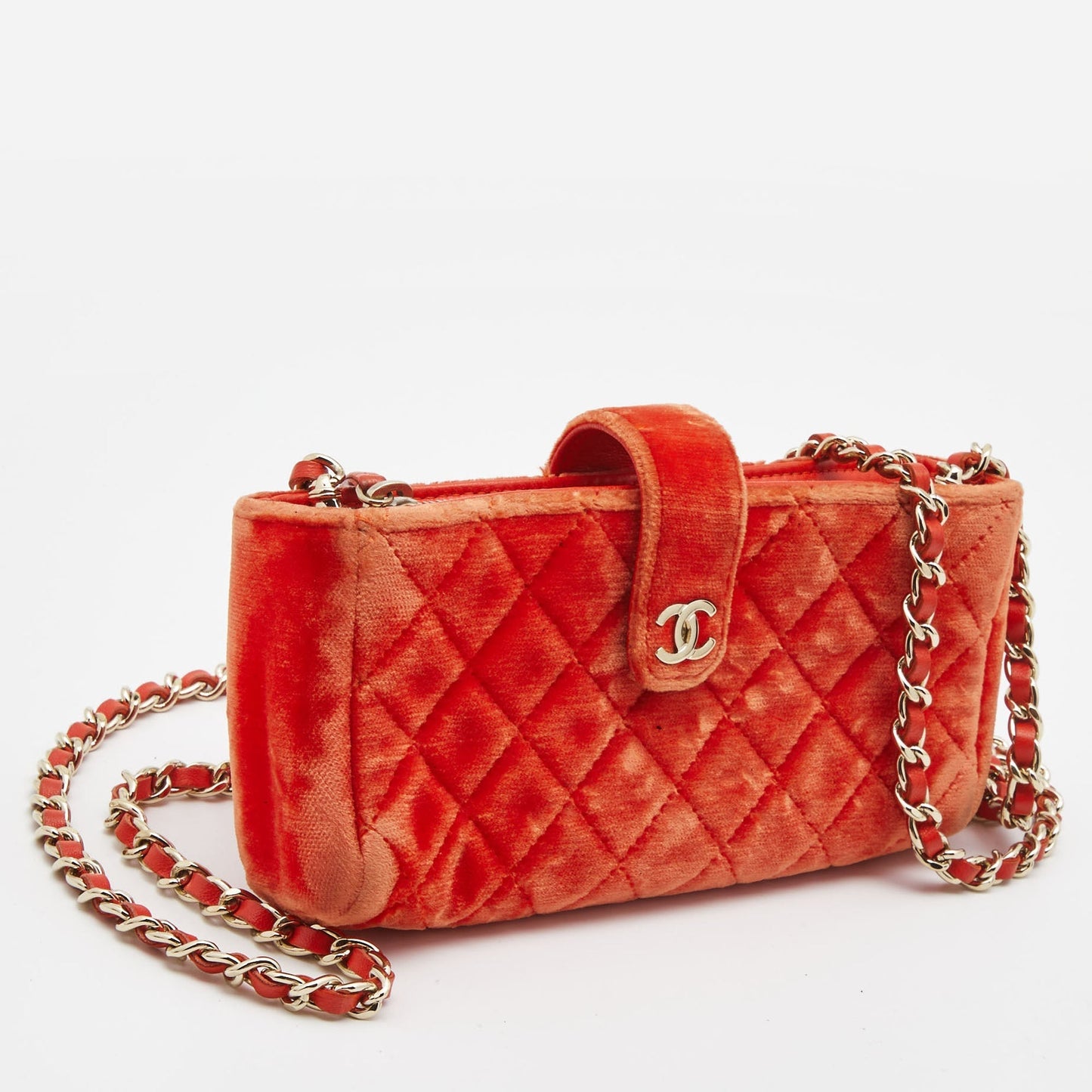 CHANEL Orange Quilted Velvet CC Mini Phone Holder Clutch