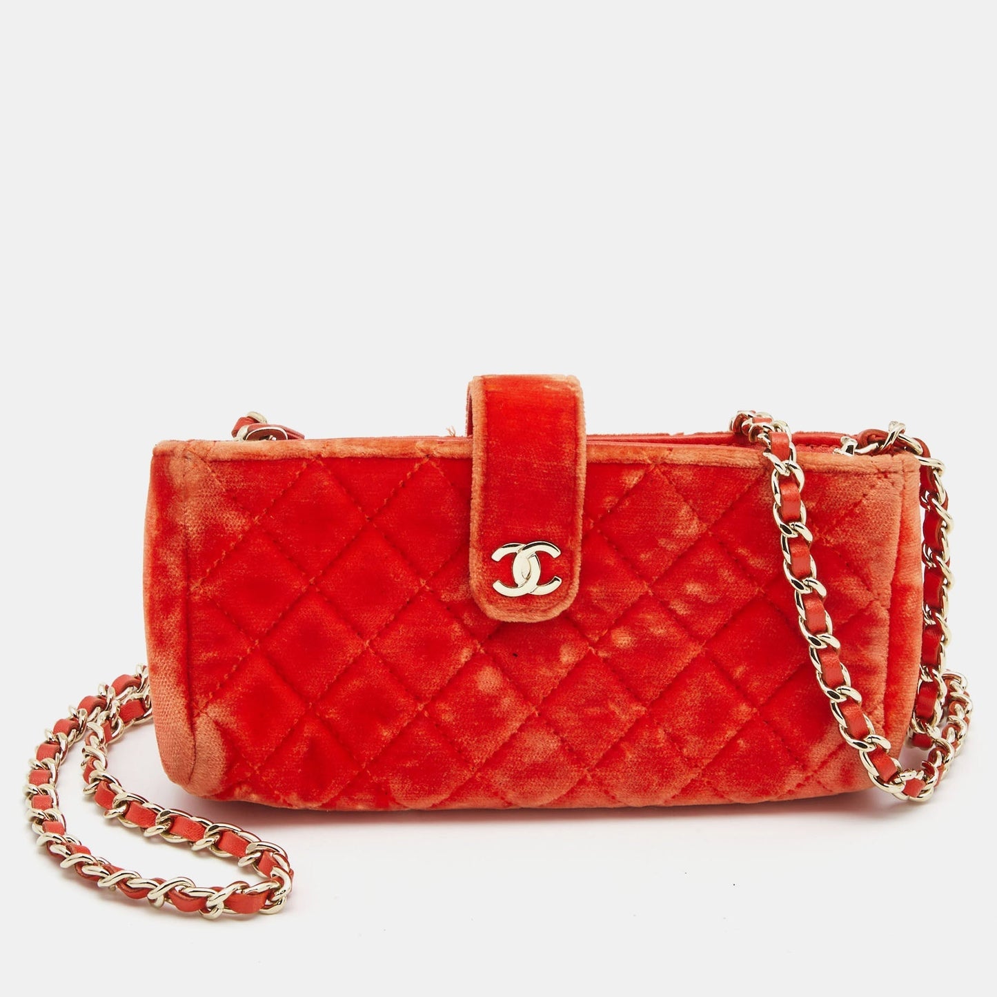 CHANEL Orange Quilted Velvet CC Mini Phone Holder Clutch
