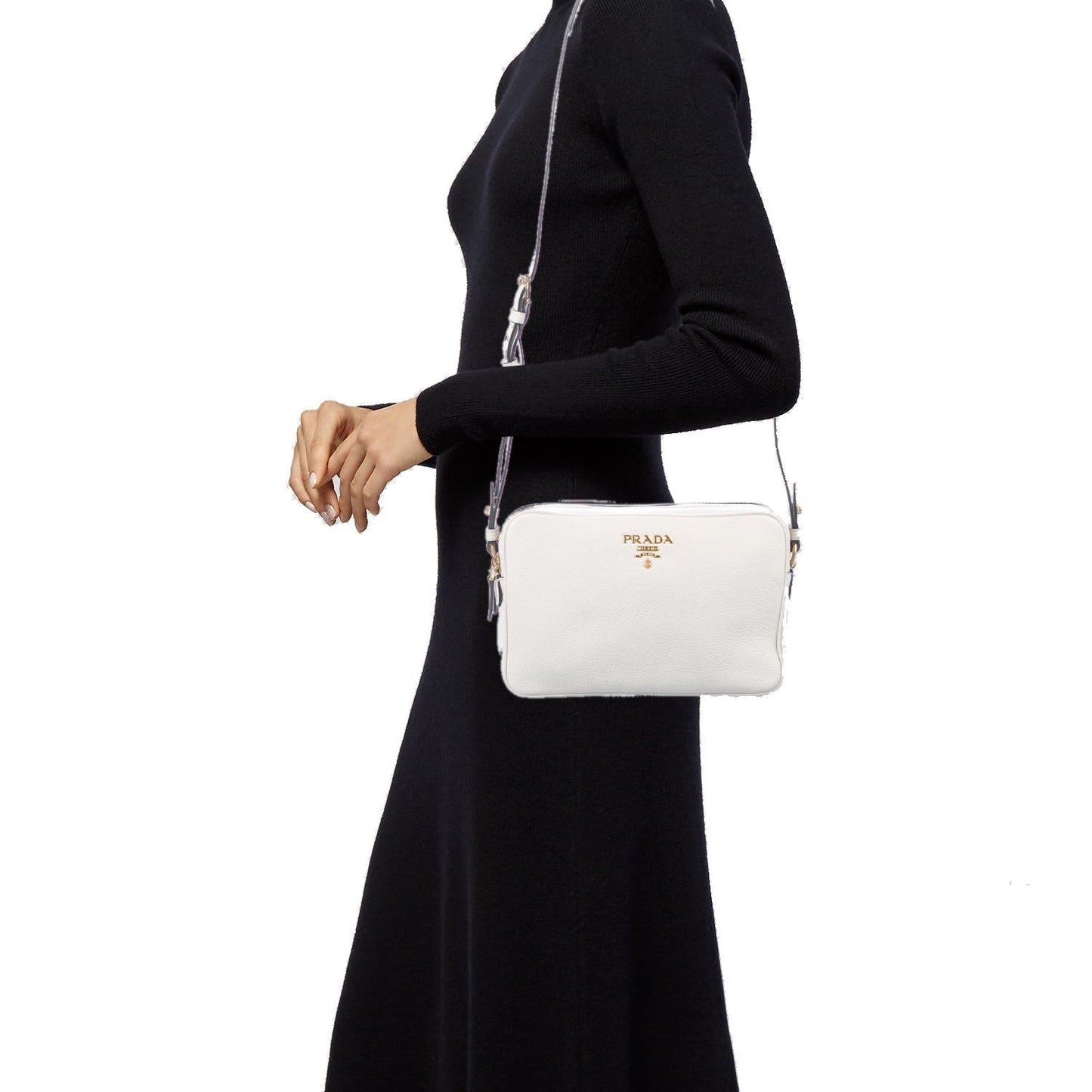 Prada Vitello Phenix White Leather Double Zip Camera Crossbody 1BH079
