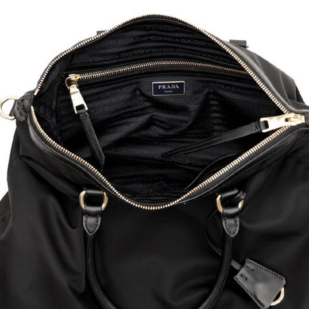 Prada Black Tessuto Nylon Calf Leather Trim Satchel Tote Bag 1BC060