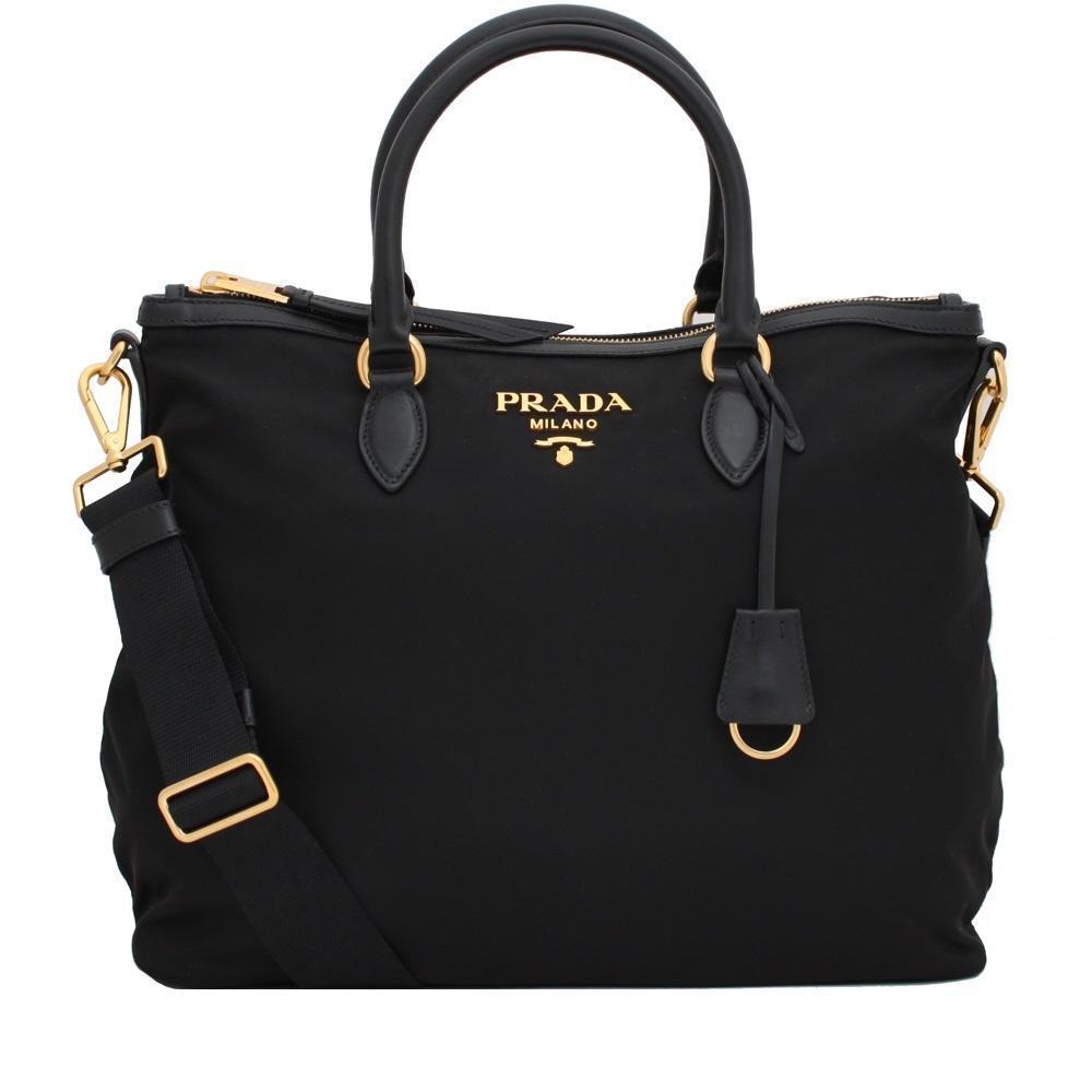 Prada Black Tessuto Nylon Calf Leather Trim Satchel Tote Bag 1BC060