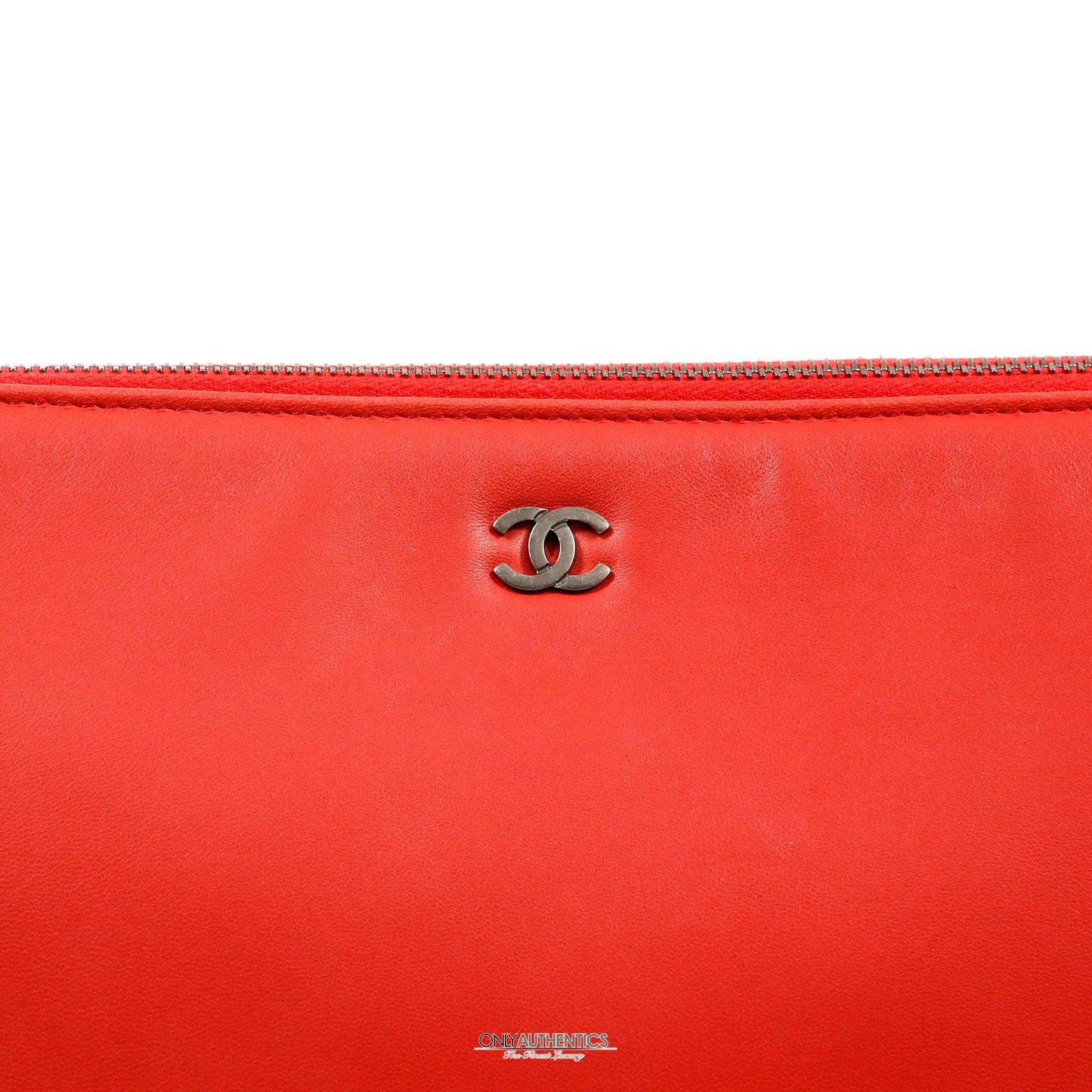 Chanel Red Lambskin and Patent Leather Clutch