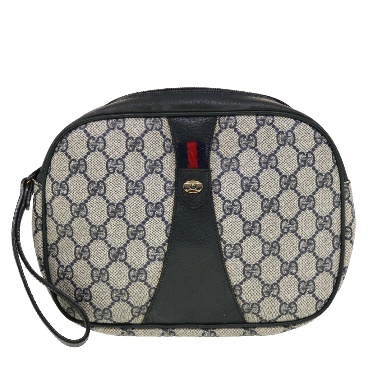 GUCCI GG Canvas Sherry Line Clutch Bag Gray Red Navy
