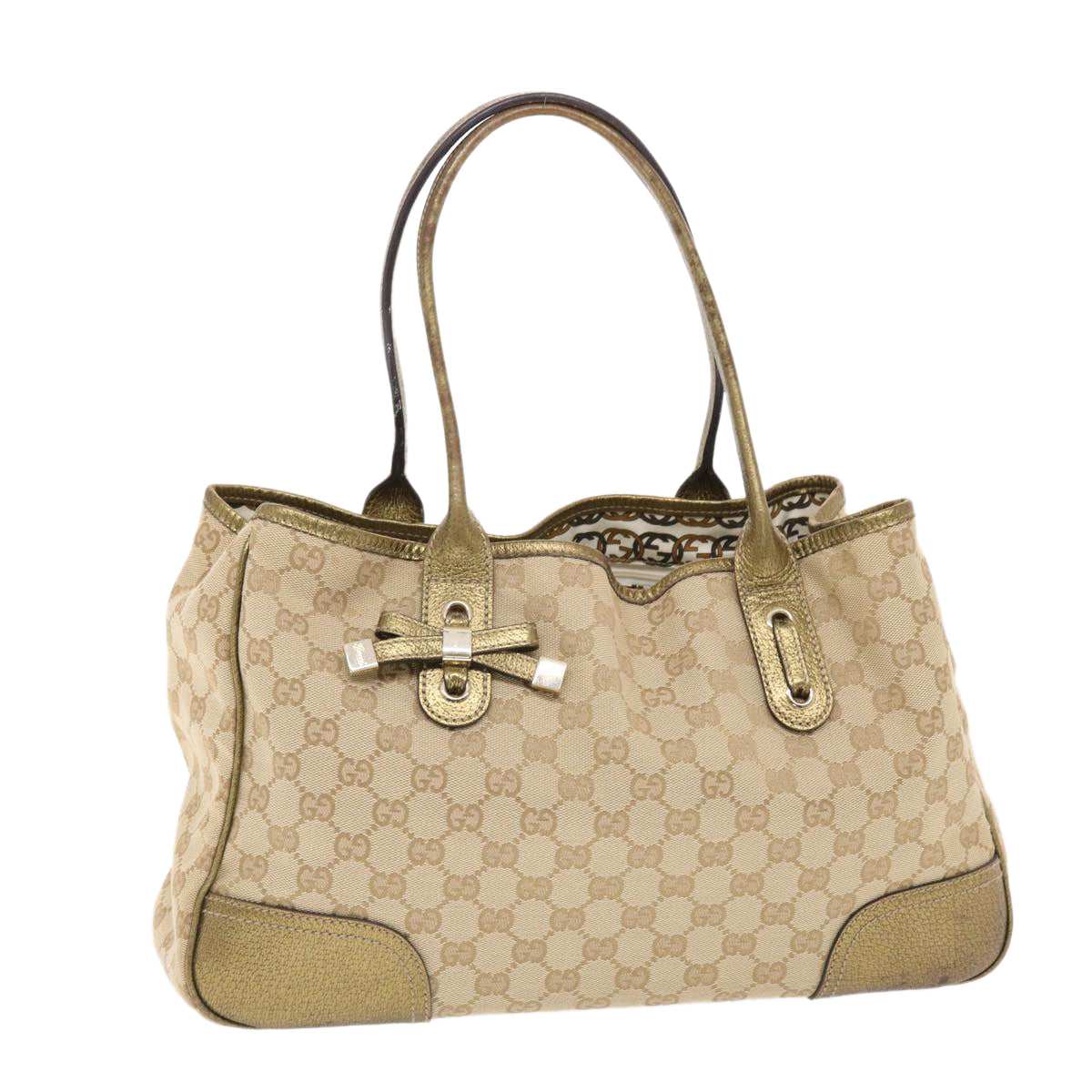 GUCCI GG Canvas Princy Line Tote Bag Leather Gold Tone