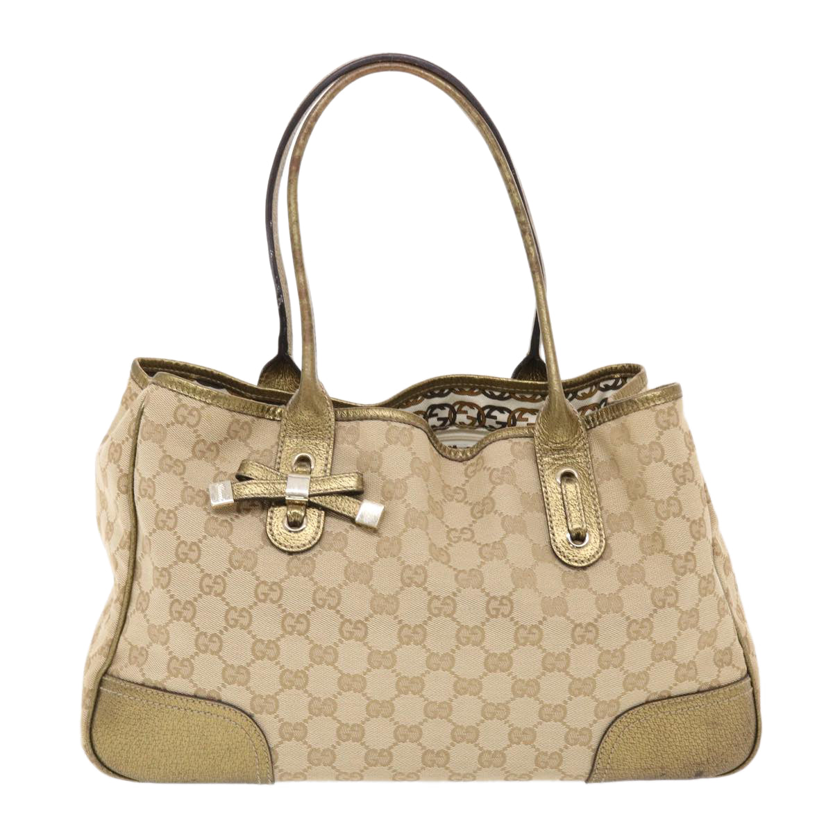 GUCCI GG Canvas Princy Line Tote Bag Leather Gold Tone