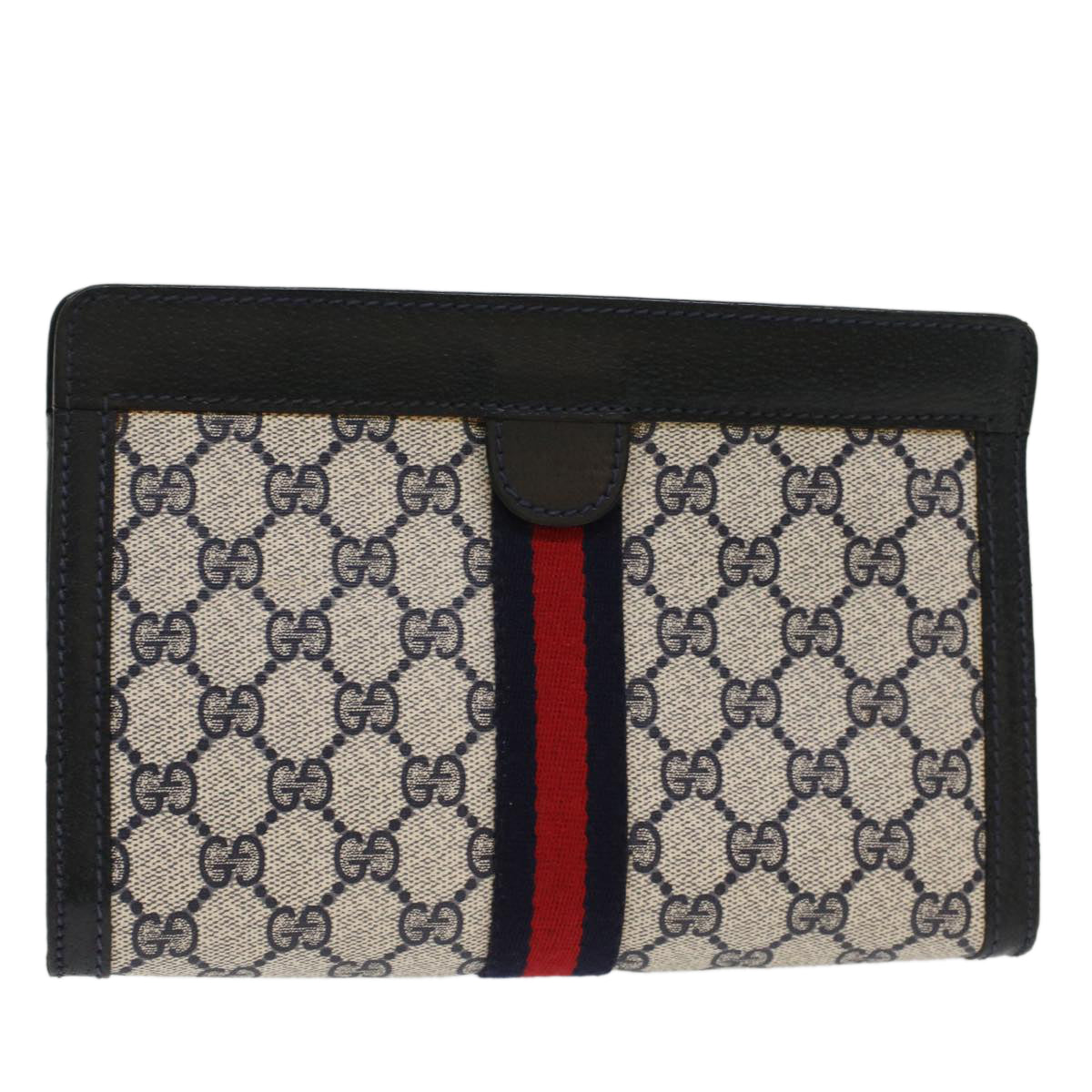 GUCCI GG Canvas Sherry Line Clutch Bag PVC Leather Gray Red Navy