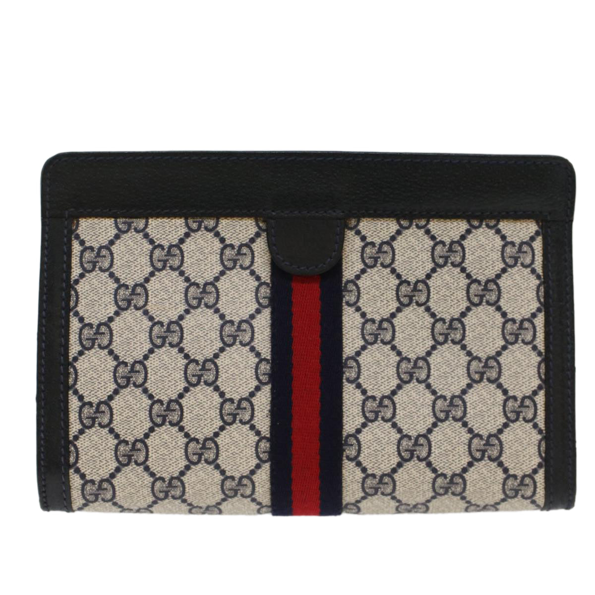 GUCCI GG Canvas Sherry Line Clutch Bag PVC Leather Gray Red Navy