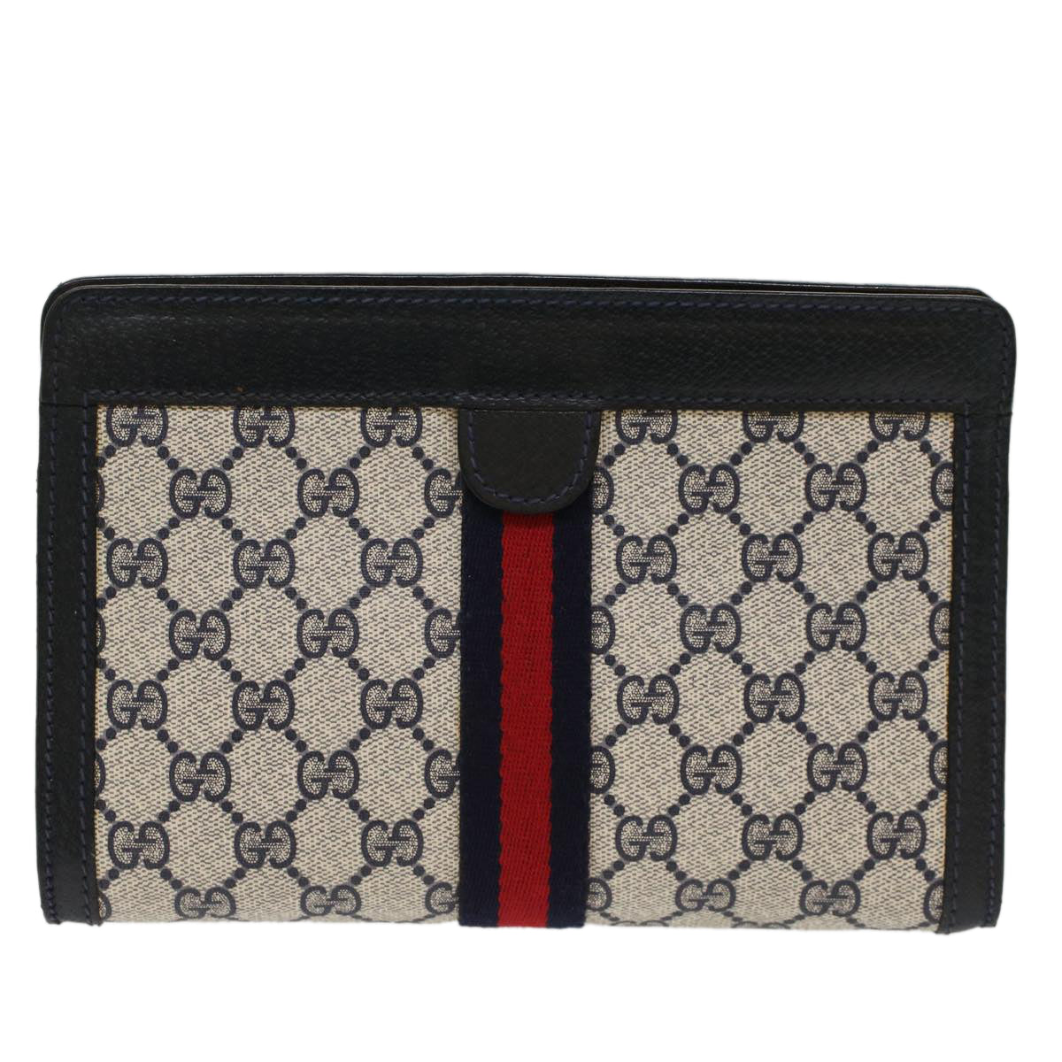 GUCCI GG Canvas Sherry Line Clutch Bag PVC Leather Gray Red Navy