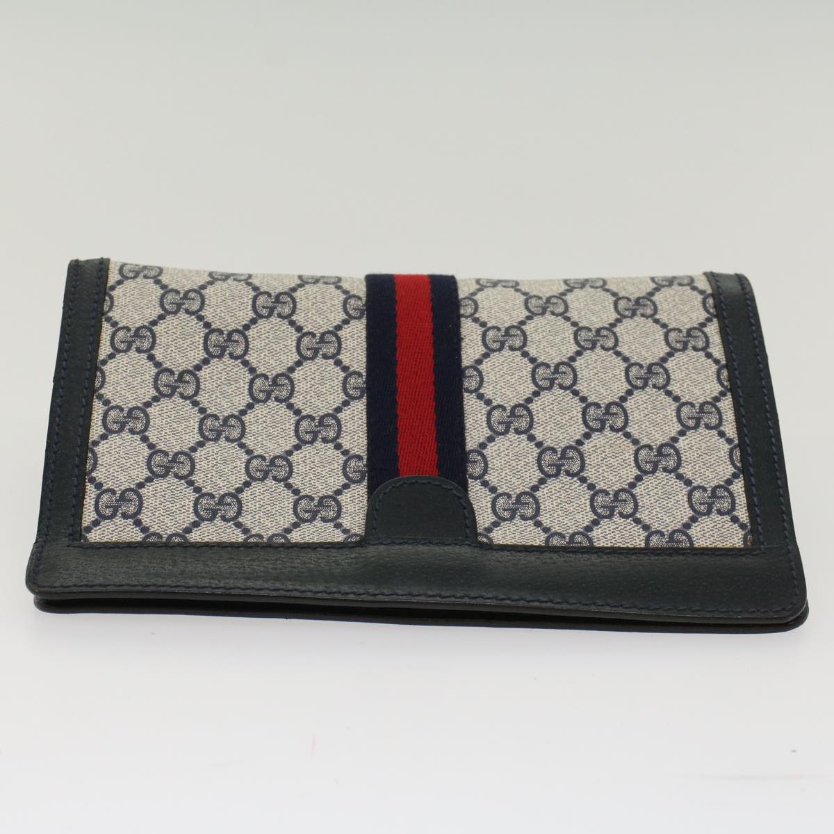 GUCCI GG Canvas Sherry Line Clutch Bag PVC Leather Gray Red Navy